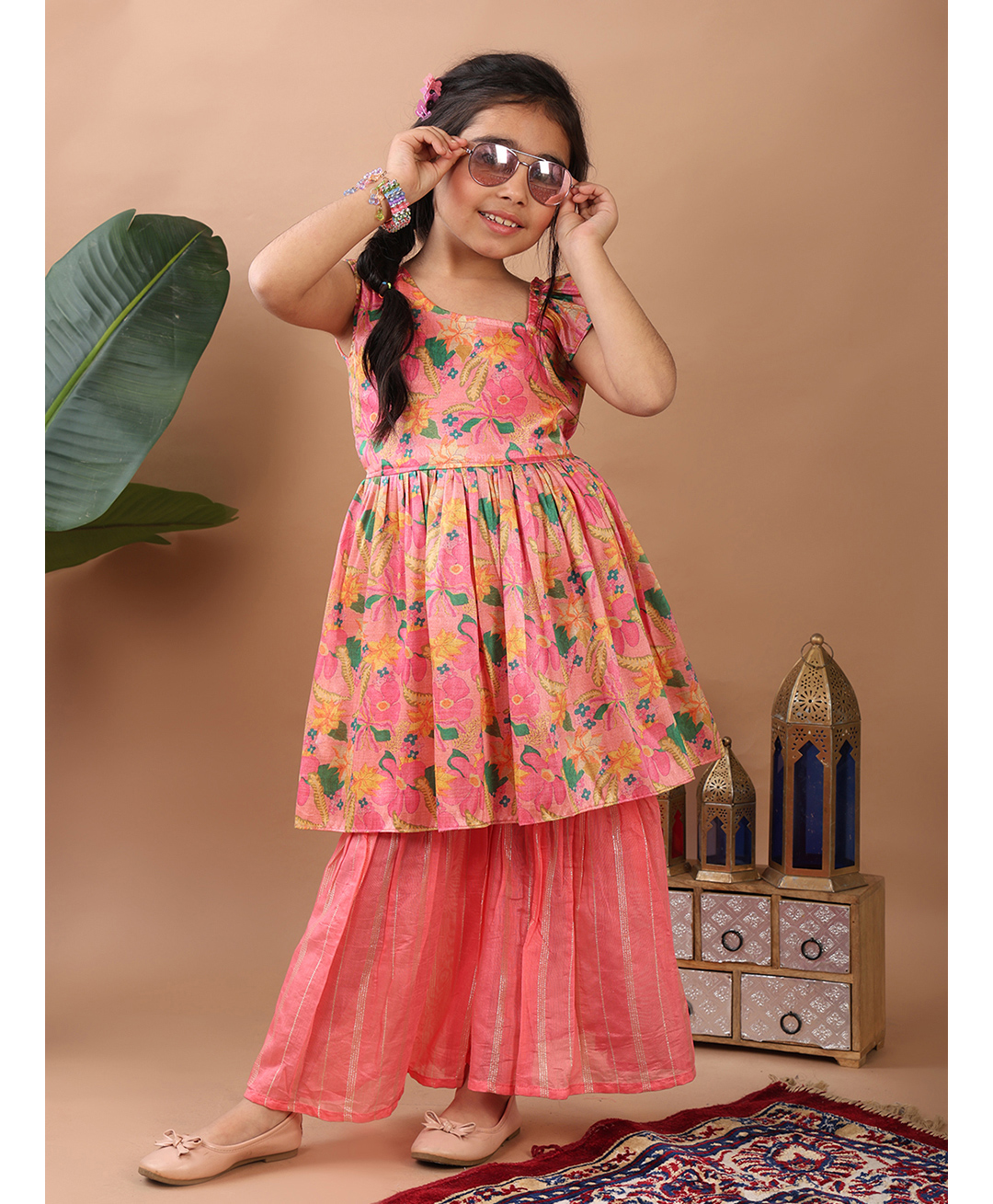 Kinder Kids Cotton Blend One Shoulder Frill Sleeves Floral Kurta & Lurex Sharara Set - Pink-image-19