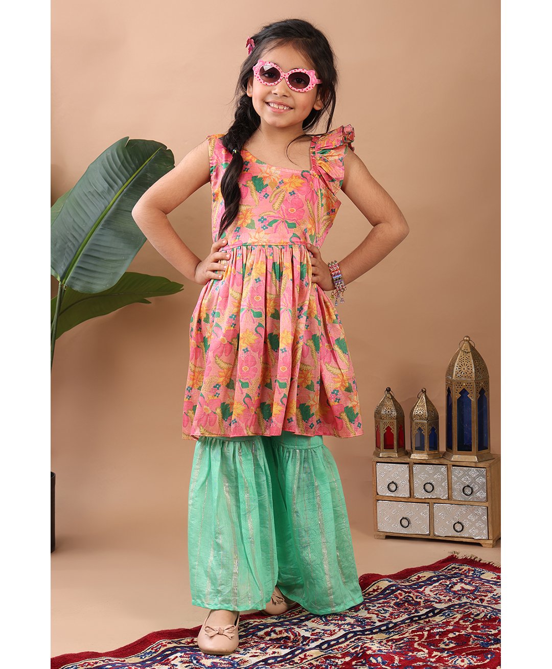 Kinder Kids Cotton Blend One Shoulder Floral Printed Kurta & Sharara Set - Pink Green-picture-17