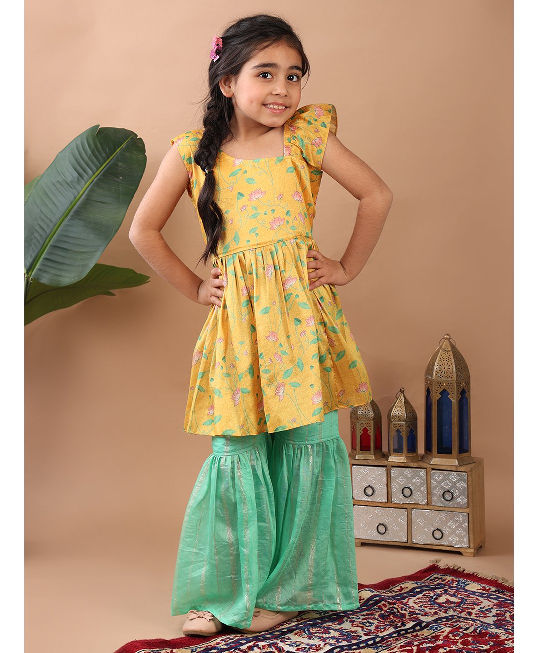 Kinder Kids Cotton Blend One Shoulder Floral Printed Kurta & Sharara Set - Yellow & Green-image-29