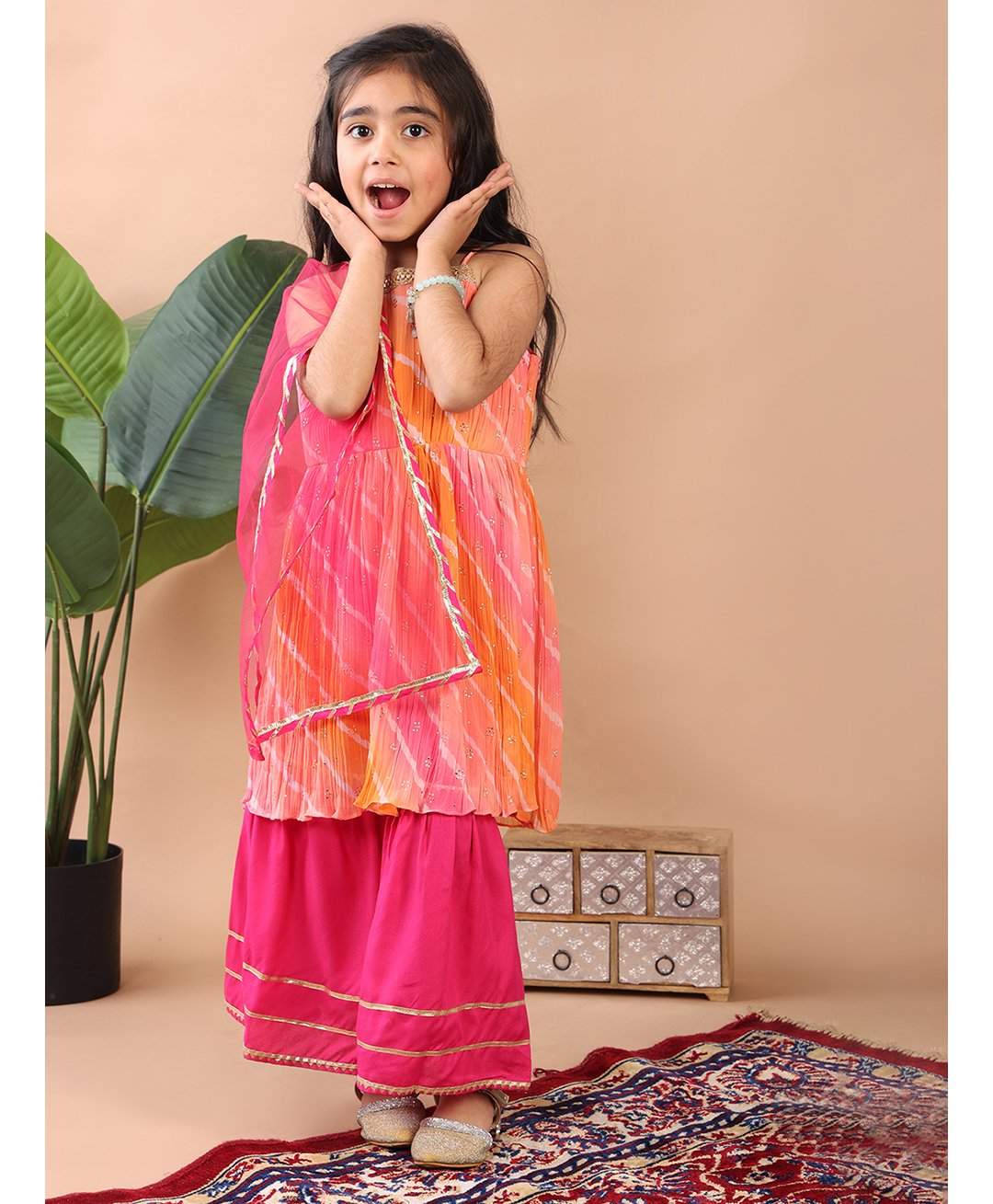 Kinder Kids Cotton Blend Sleeveless Leheriya Printed & Gota Late Embellished Kurta Sharara With Dupatta Set - Pink-image-27