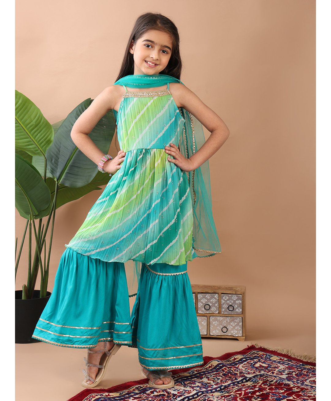 Kinder Kids Cotton Blend Sleeveless Leheriya Printed & Gota Late Embellished Kurta Sharara With Dupatta Set - Green-image-23