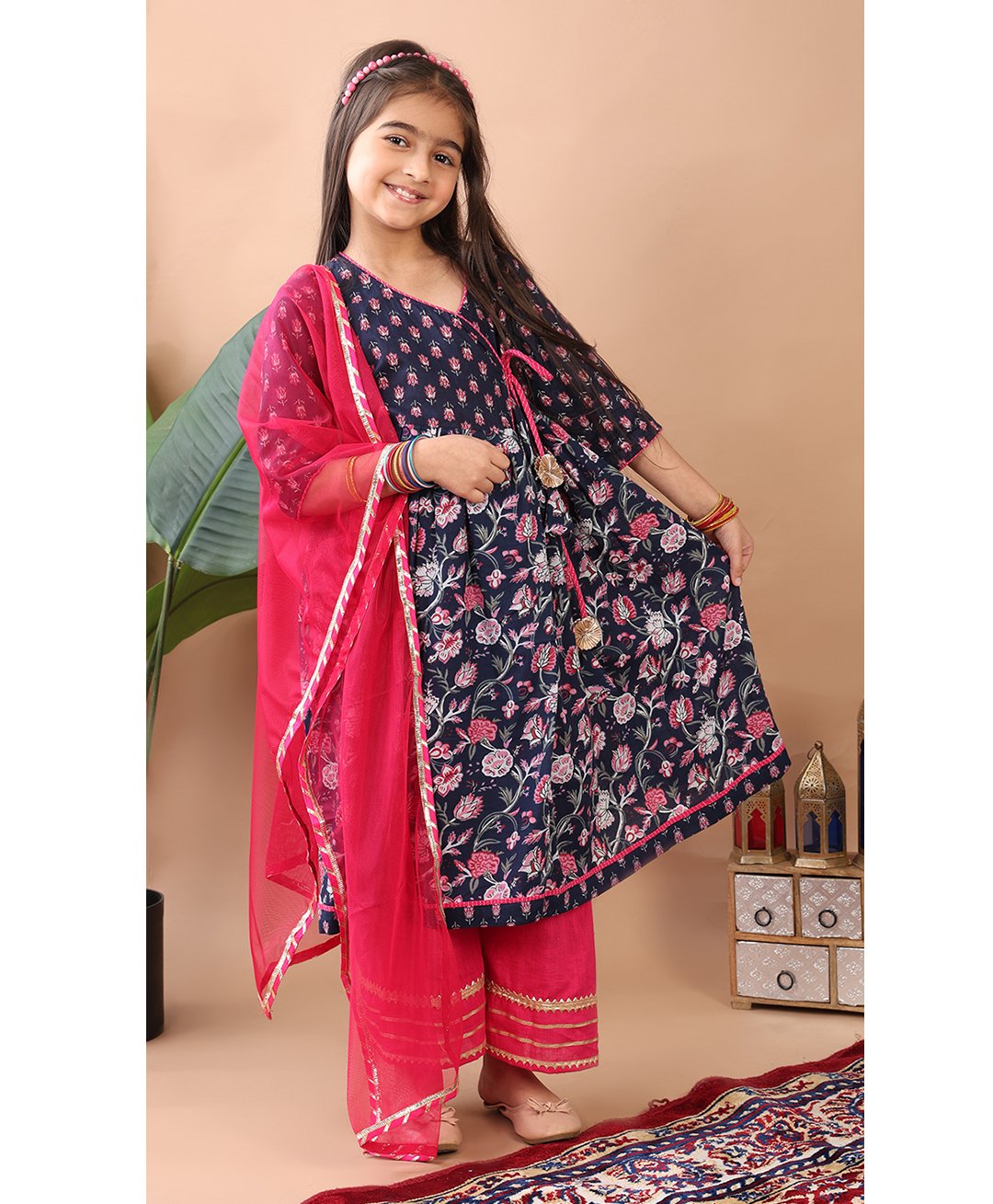 Kinder Kids Cotton Three Fourth Sleeves Floral Printed Angrakha Style Kurta With Palazzo & Dupatta Set - Blue & Pink-image-4