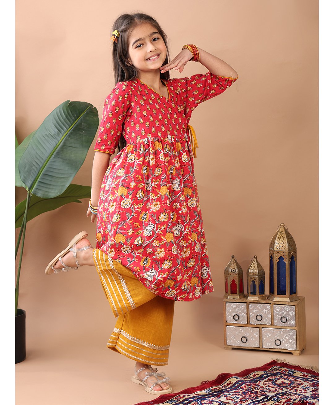 Kinder Kids Cotton Three Fourth Sleeves Floral Printed Angrakha Style Kurta With Palazzo Set - Red & Yellow-image-31