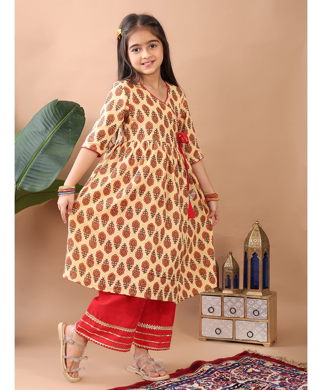 Kinder Kids Cotton Three Fourth Sleeves Floral Motifs Printed Angrakha Style Kurta With Palazzo Set - Cream & Red-image-43