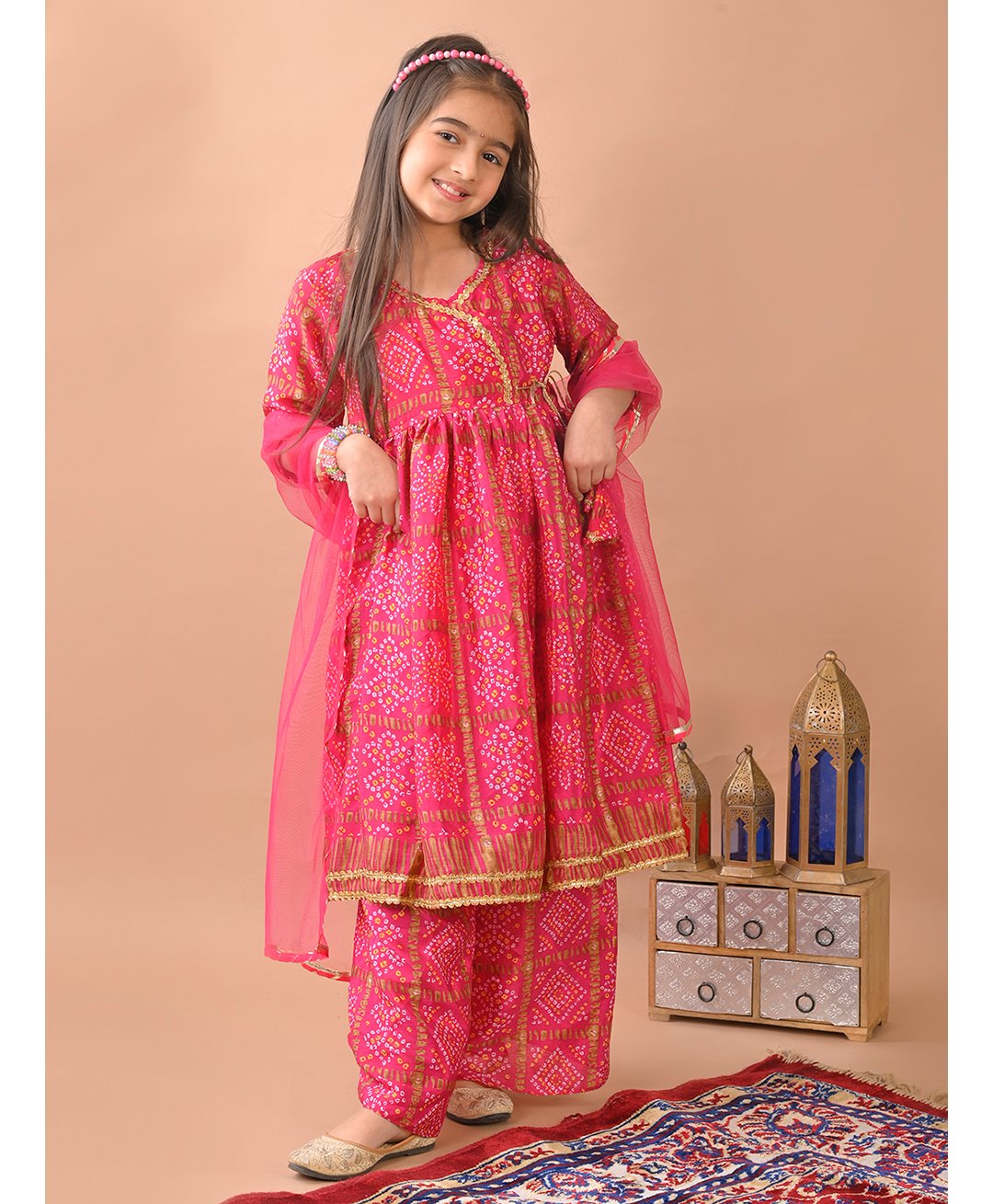 Kinder Kids Cotton Blend Three Fourth Sleeves Bandhani Designed Kurta With Coordinating Palazzo & Dupatta Set - Pink-image-28