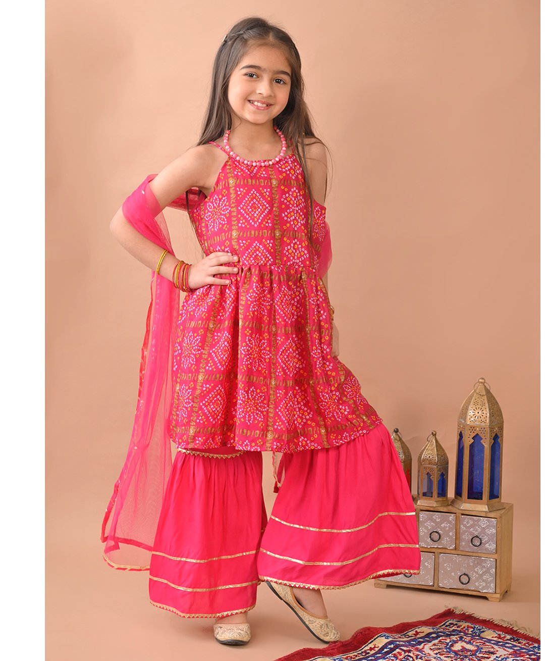 Kinder Kids Cotton Blend Sleeveless Bandhani Printed Kurti Sharara With Dupatta Set - Pink-image-12