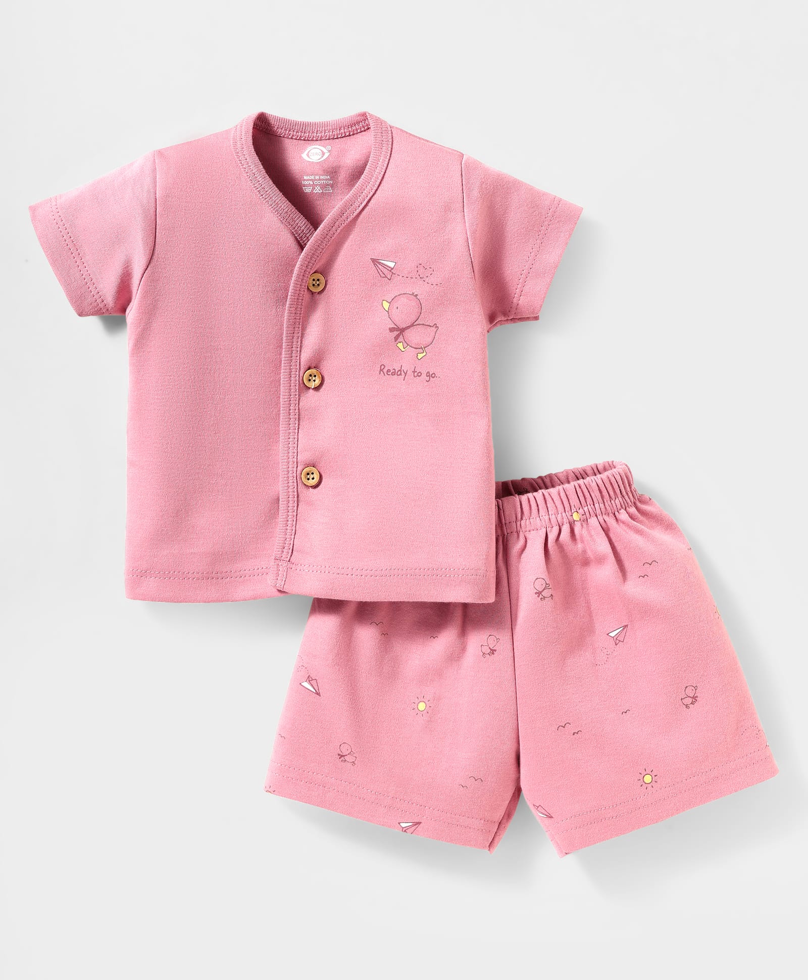 Zero Sinker Knit Half Sleeves Shorts Night Suit With Bird Print - Pink-image-32