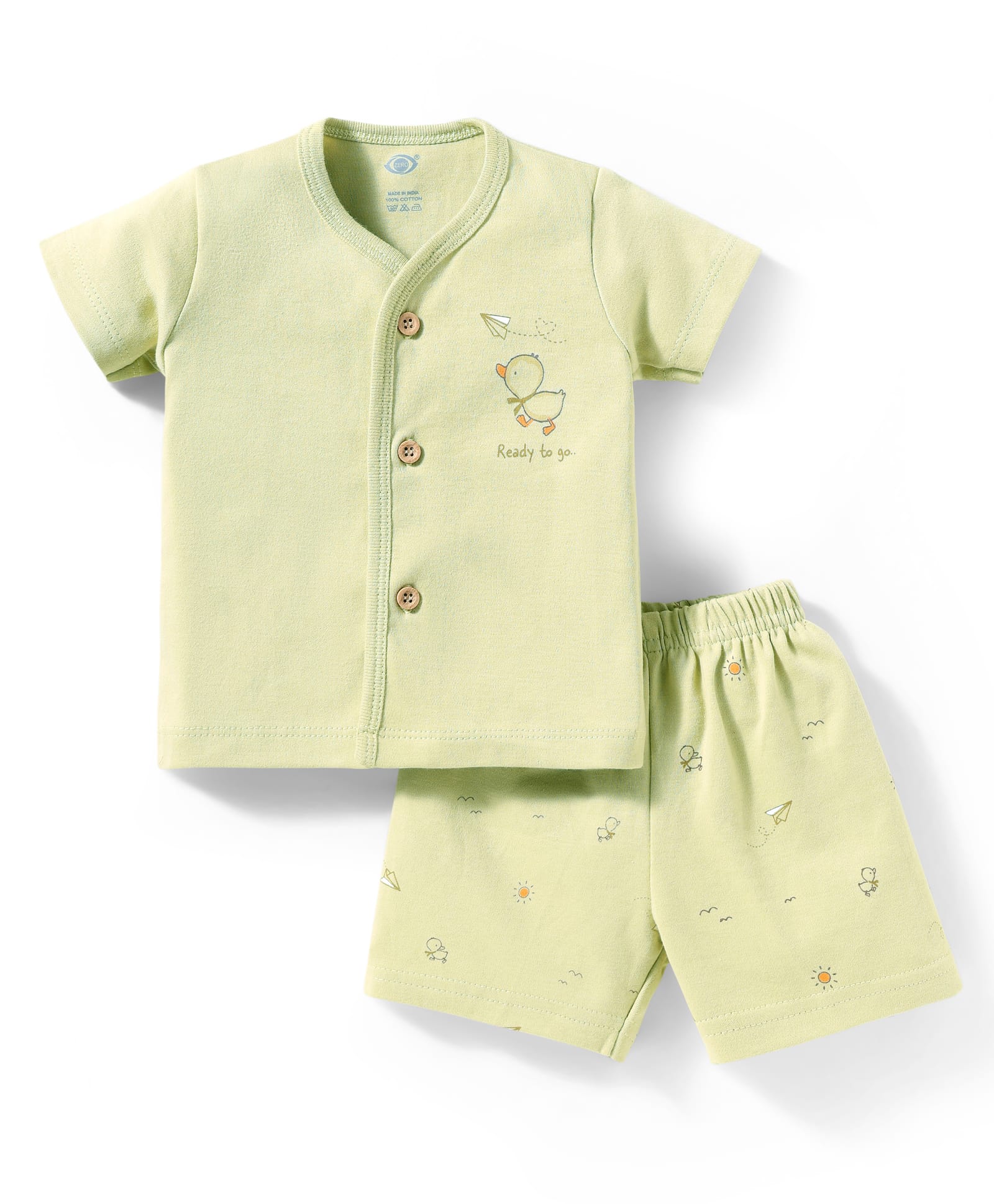 Zero Sinker Knit Half Sleeves Shorts Night Suit With Bird Print - Light Green-image-17