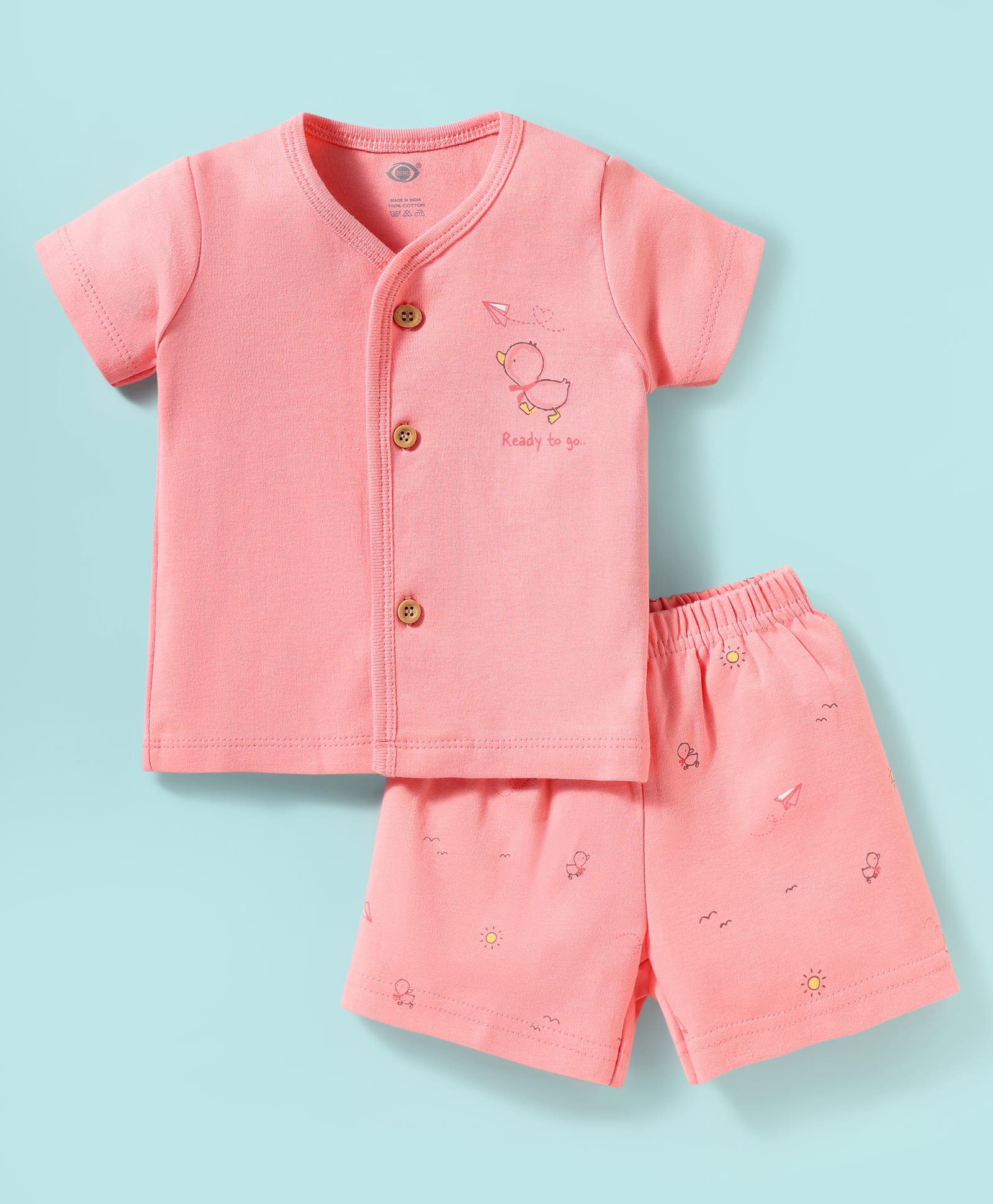 Zero Sinker Knit Half Sleeves Shorts Night Suit With Bird Print - Baby Pink-image-41