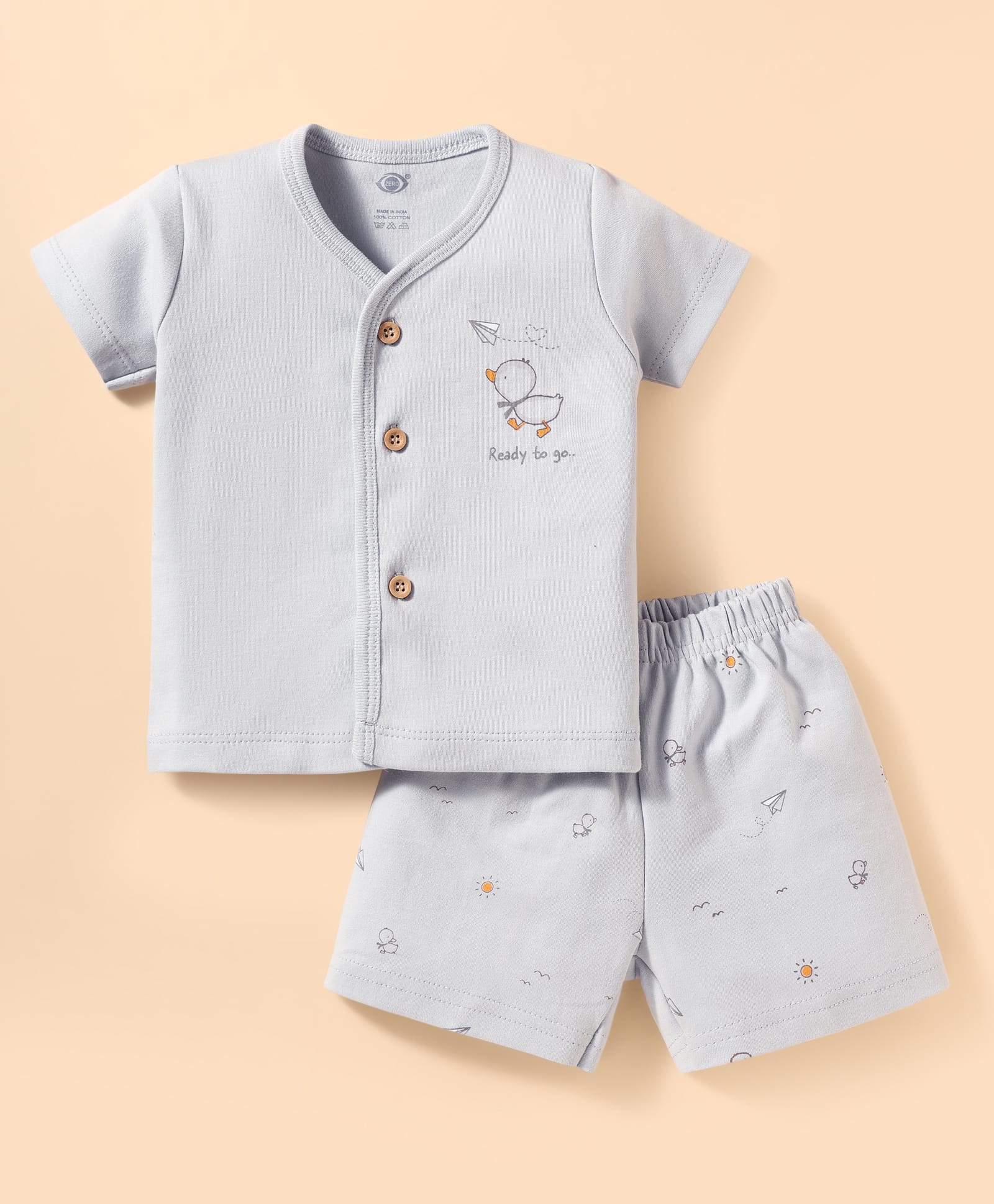 Zero Sinker Knit Half Sleeves Shorts Night Suit With Bird Print - Silver-image-30