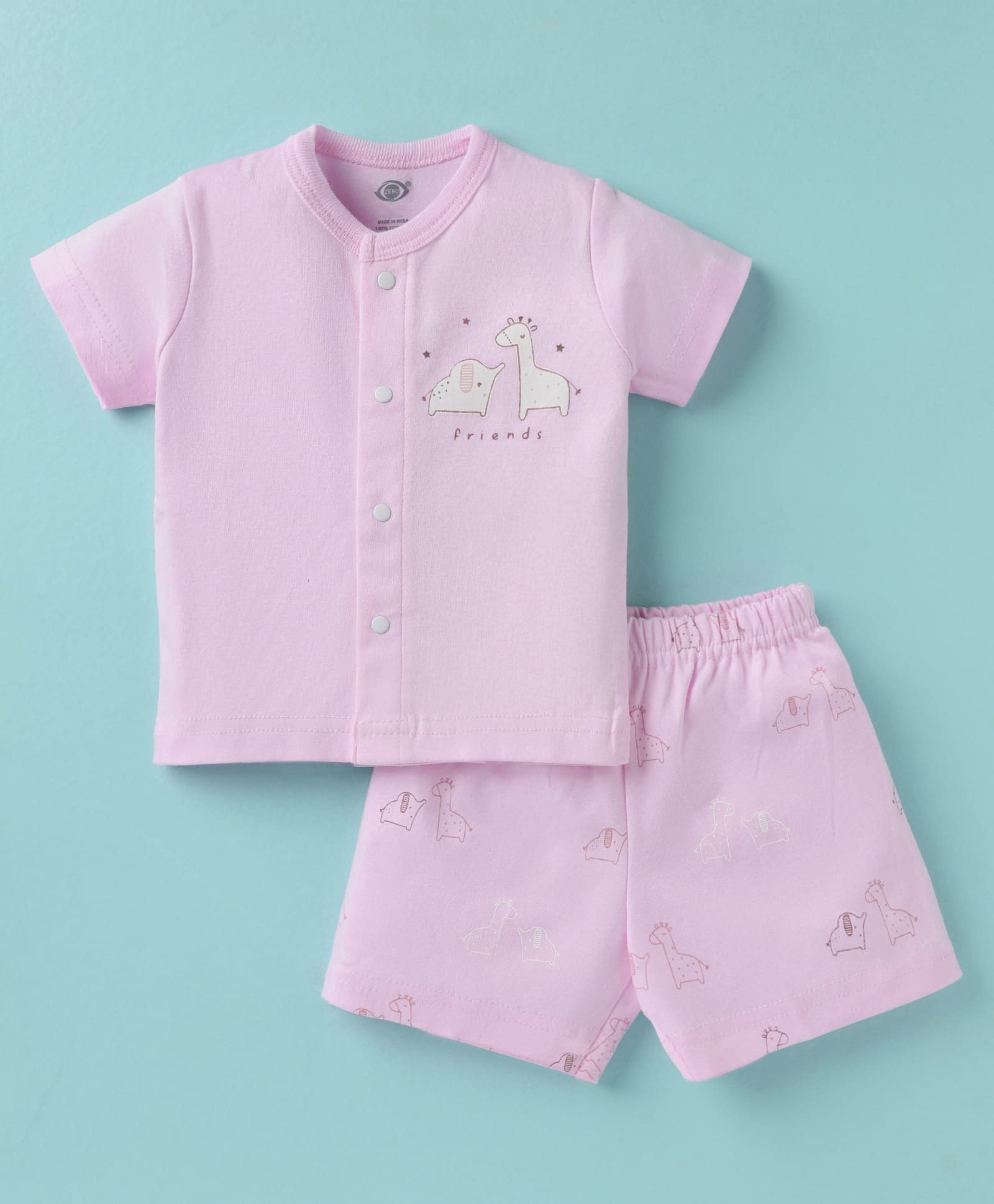 Zero Sinker Knit Half Sleeves Shorts Night Suit With Animal & Friends Text Print - Pink-picture-47