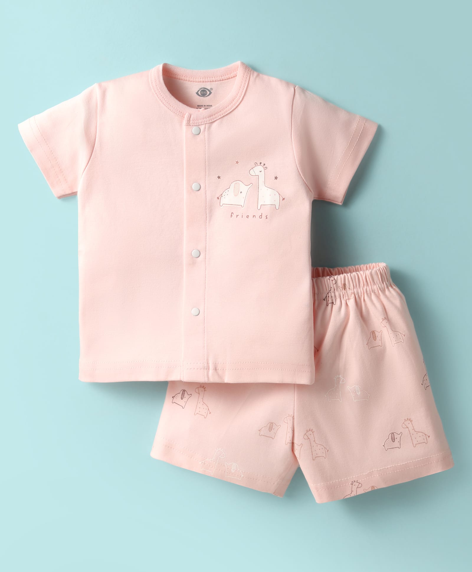 Zero Sinker Knit Half Sleeves Shorts Night Suit With Animal & Friends Text Print - Peach-picture-38