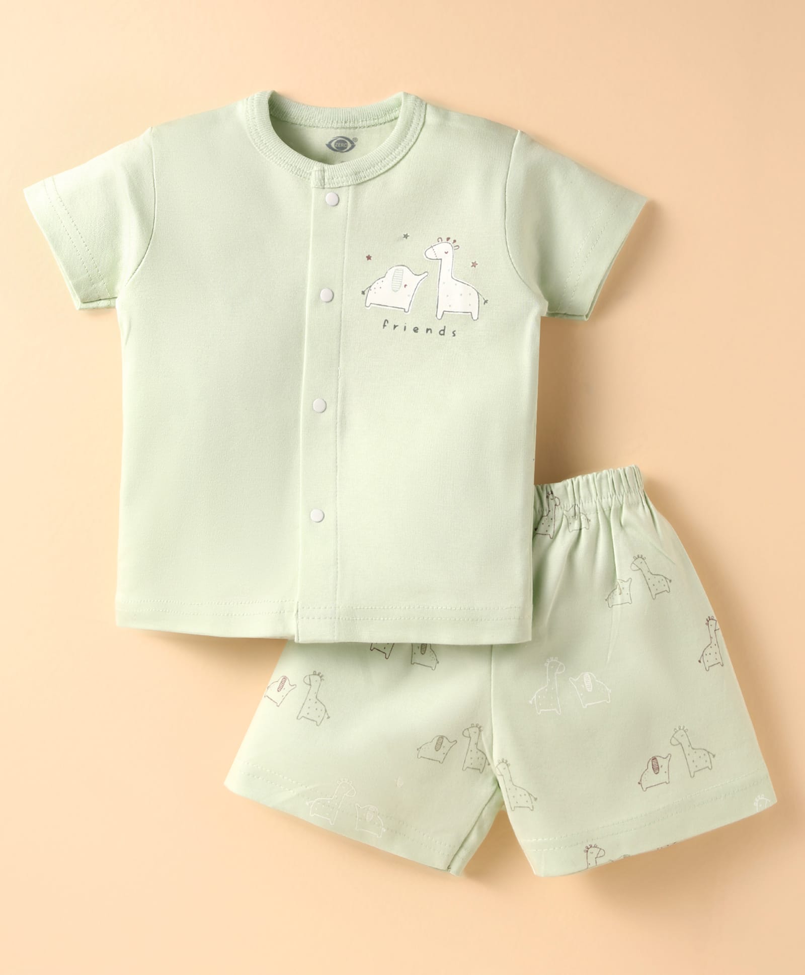 Zero Sinker Knit Half Sleeves Shorts Night Suit With Animal & Friends Text Print - Light Green-picture-7