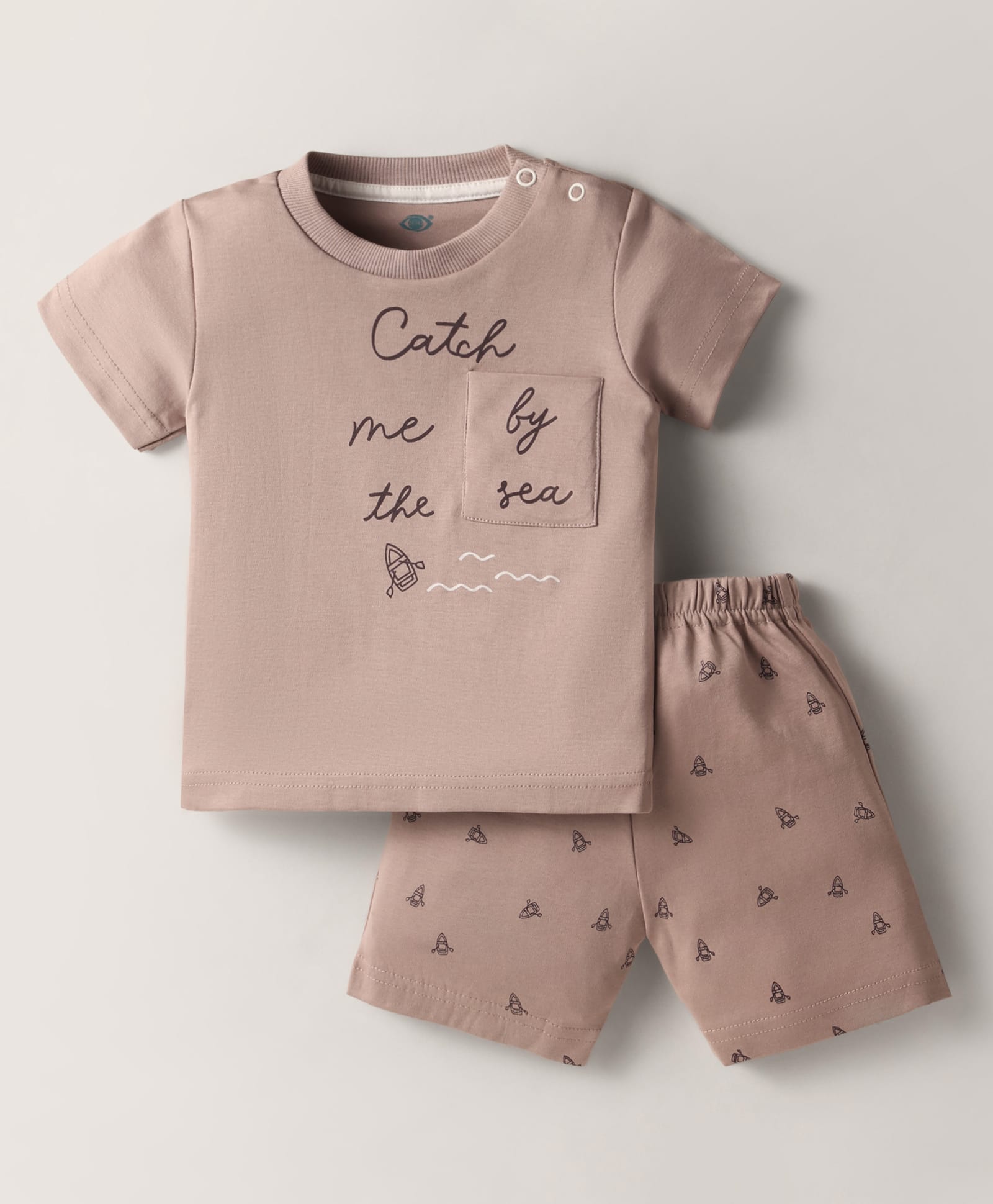Zero Sinker Knit Half Sleeves Shorts Night Suit with Catch Me by the Sea Text Print - Tan-picture-19