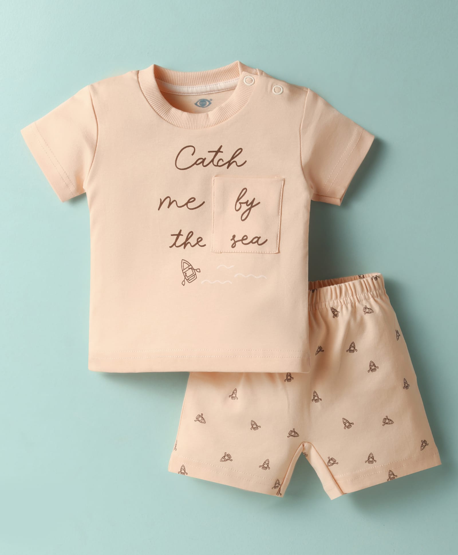 Zero Sinker Knit Half Sleeves Shorts Night Suit with Catch Me by the Sea Text Print - Peach-picture-28
