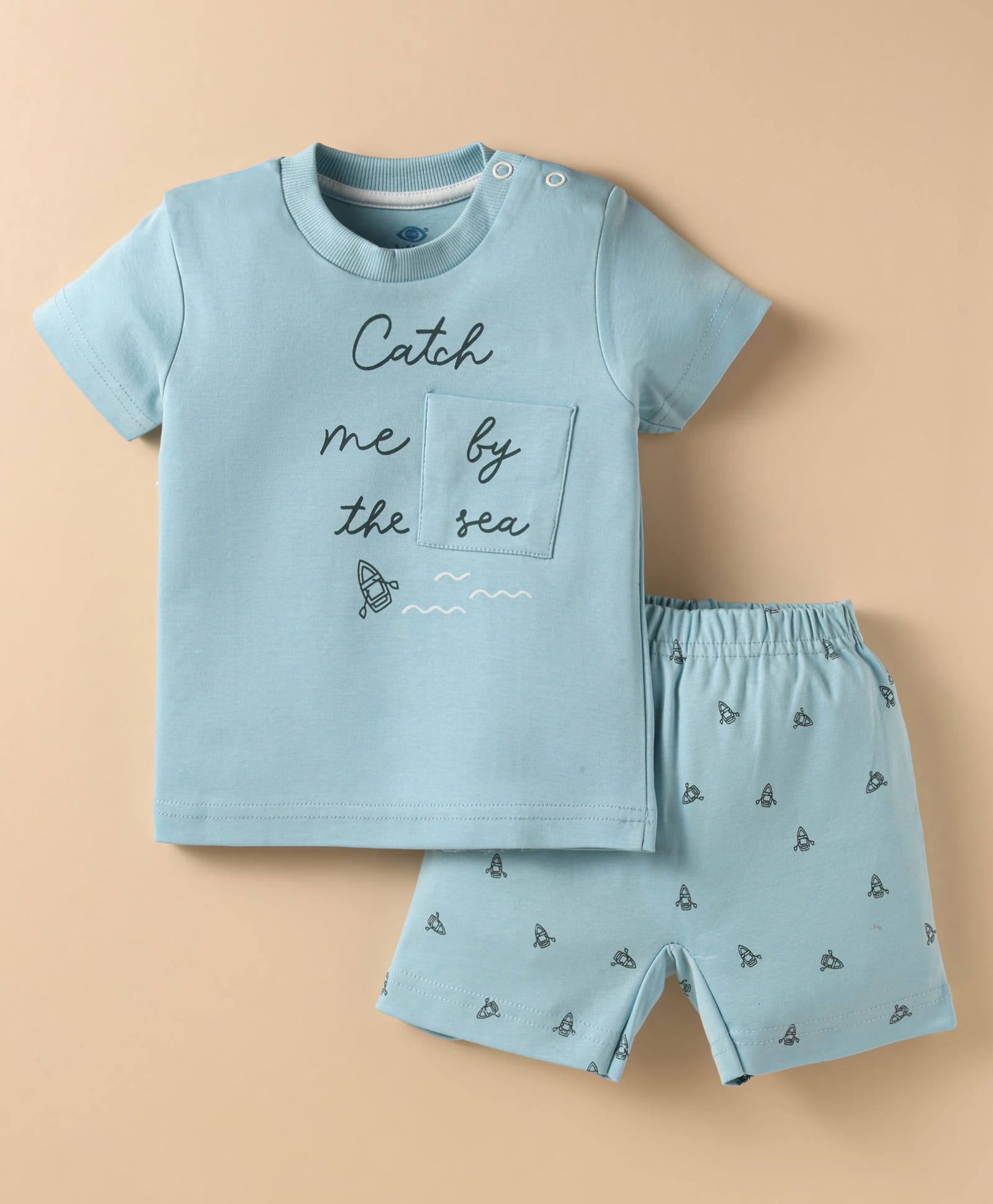Zero Sinker Knit Half Sleeves Shorts Night Suit with Catch Me by the Sea Text Print - Light Blue-image-4
