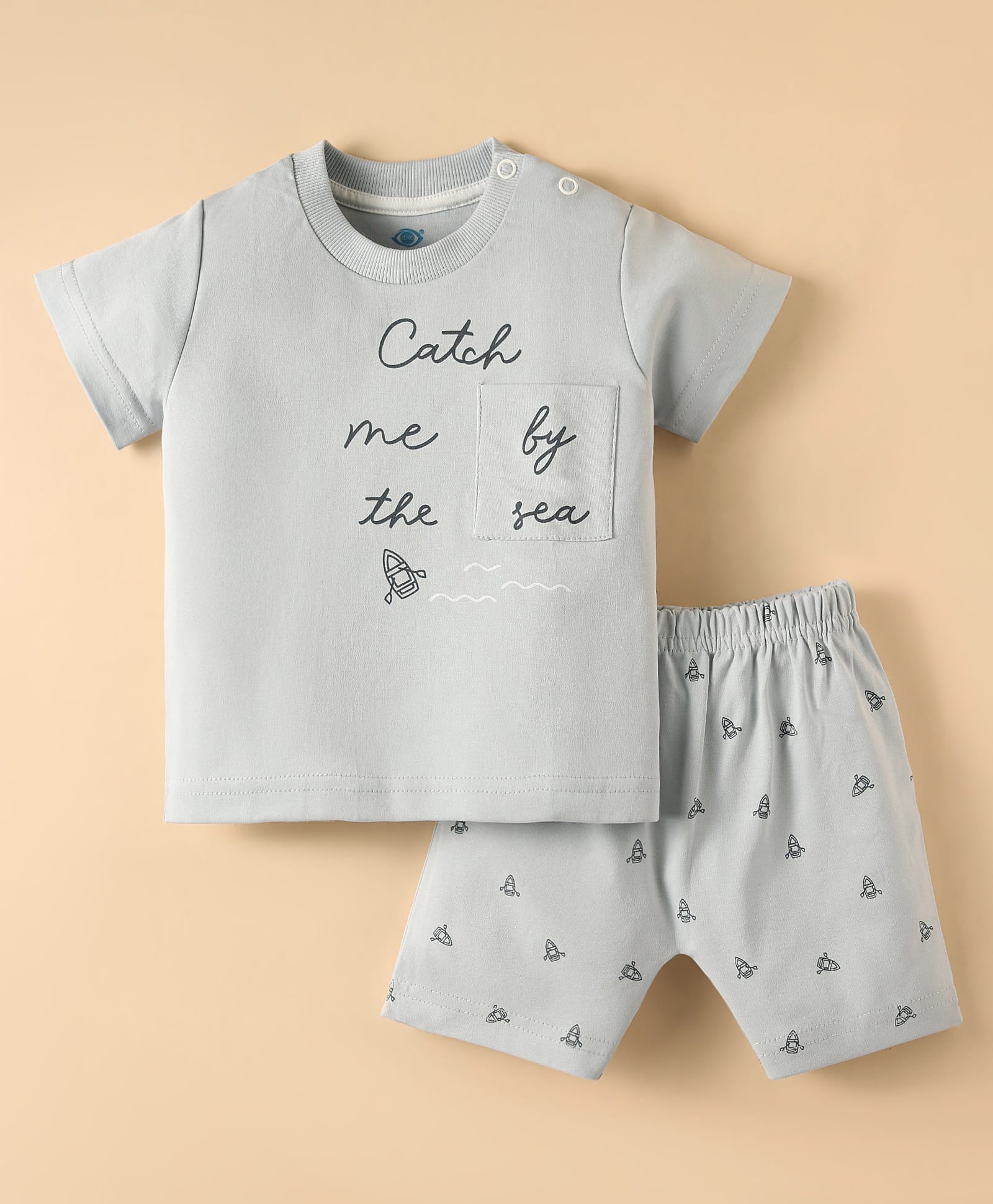 Zero Sinker Knit Half Sleeves Shorts Night Suit with Catch Me by the Sea Text Print - Grey-picture-19