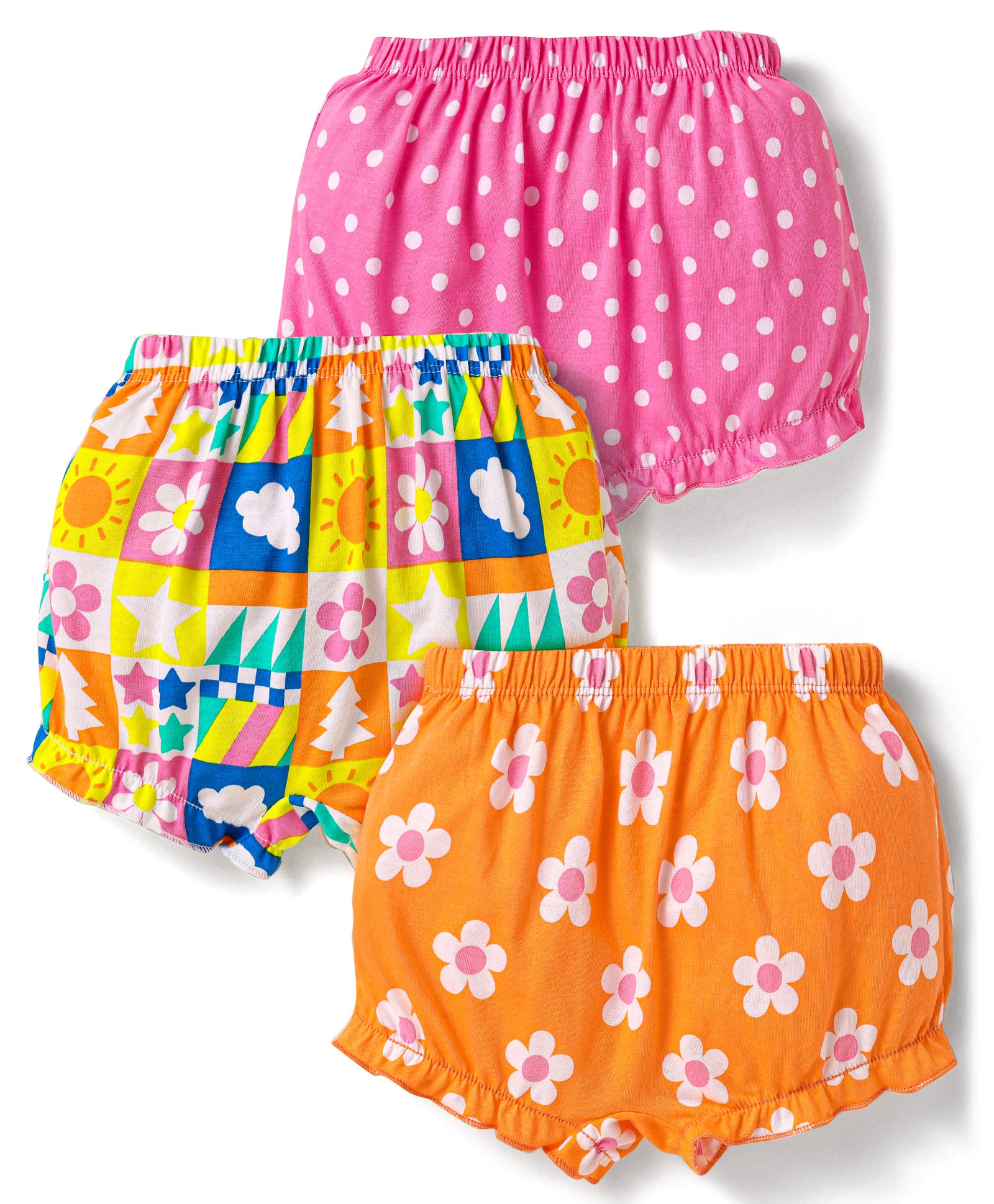 Babyhug 100% Cotton Knit Floral & Polka Dot Printed Bloomers Pack of 3 - Orange Pink & Yellow