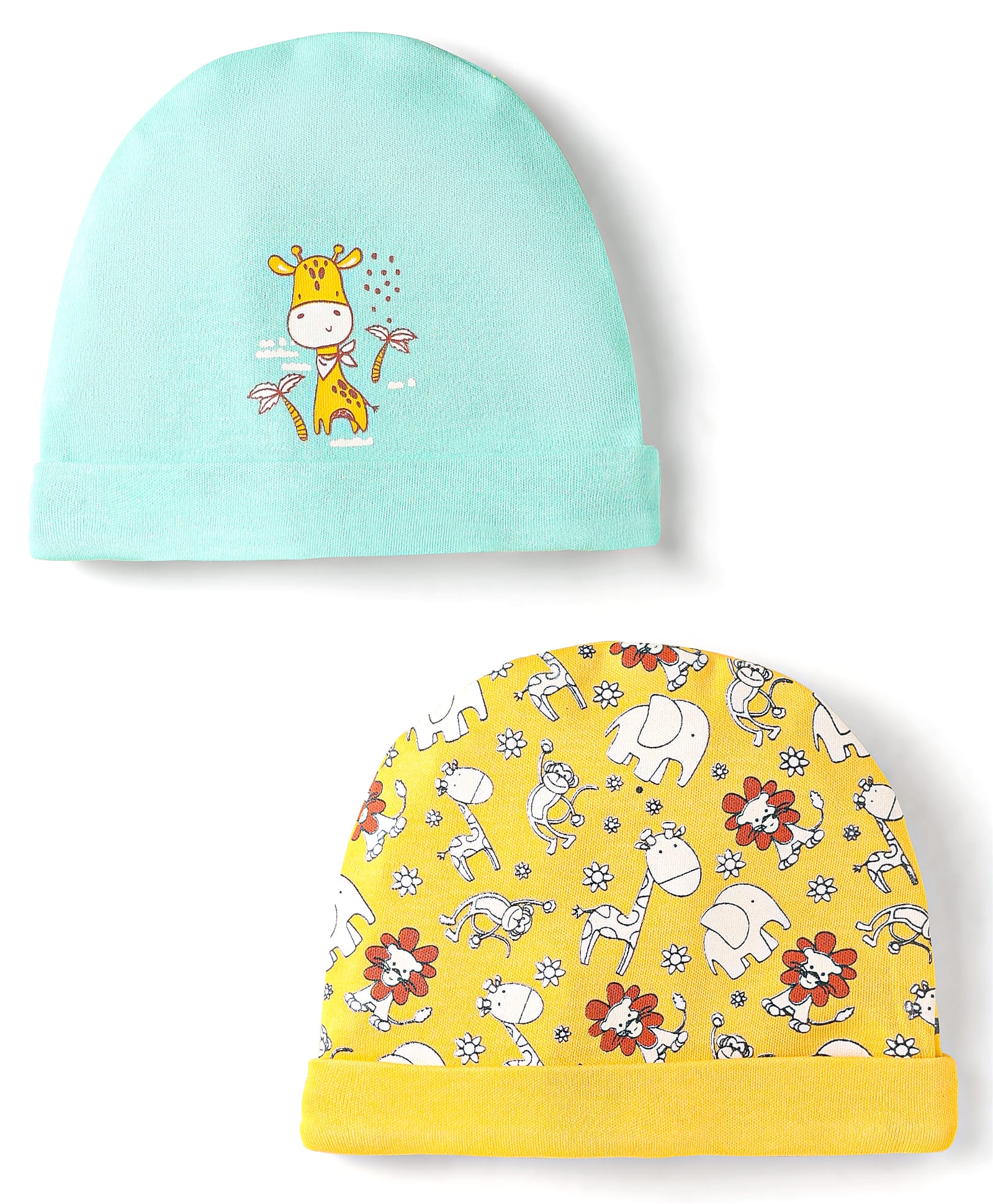 Doodle Poodle Interlock Knit Caps With Animal Print Pack Of 2 Yellow & Light Blue - Diameter 12 cm-image-16