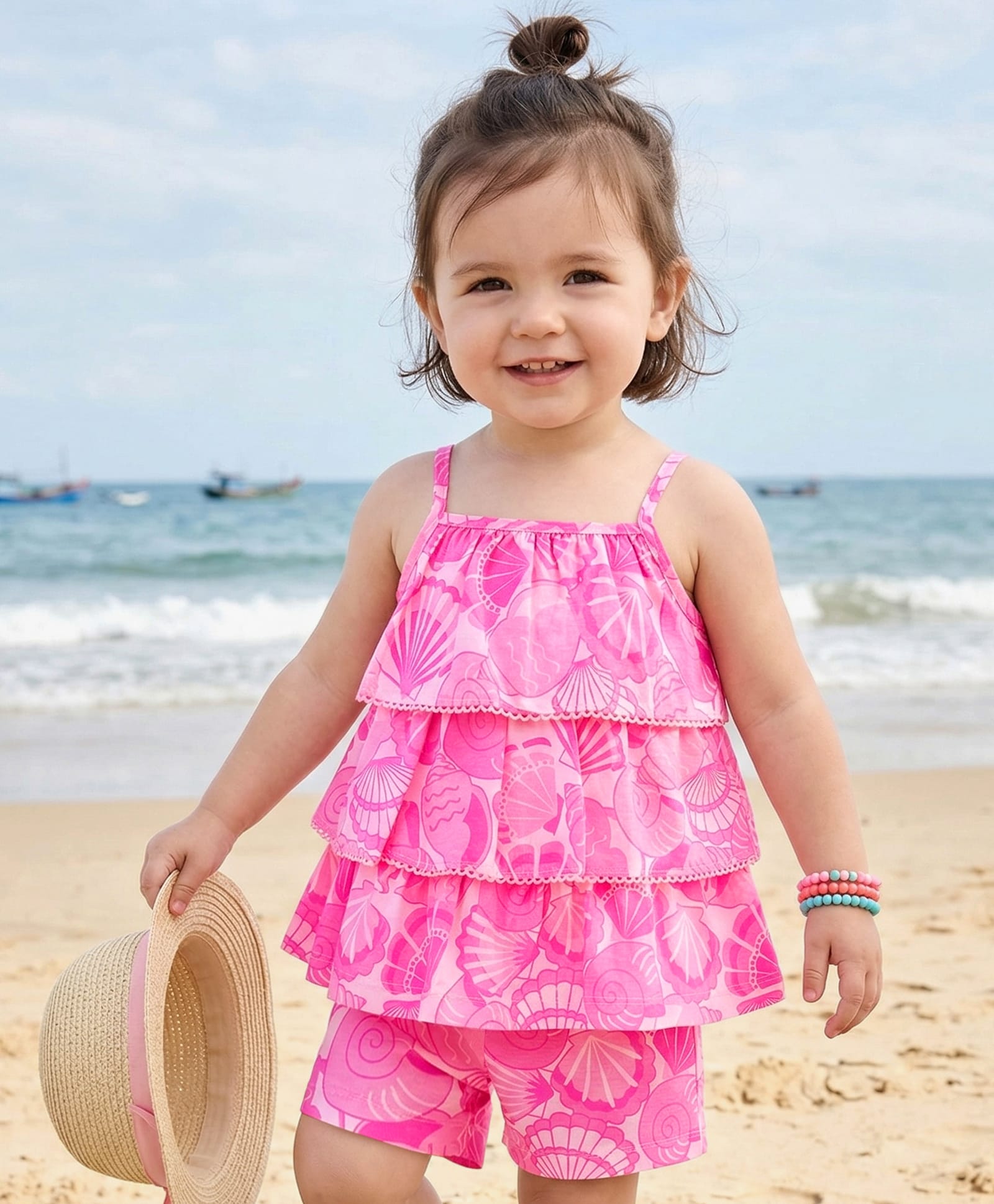 Babyhug Single Jersey Singlet Sleeves Top & Shorts Set with Print - Dark Pink-image-30