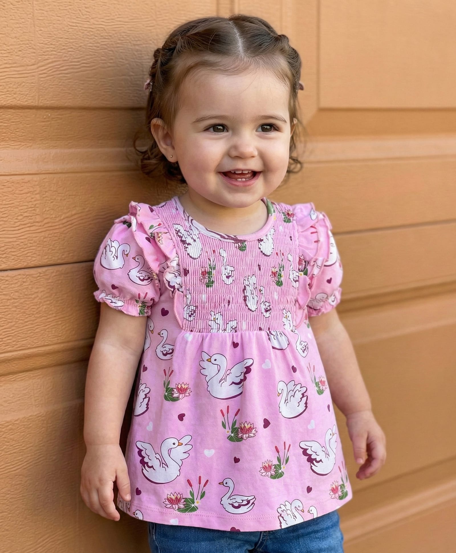 Babyoye 100% Cotton Knit Half Puffed Sleeves Smocked Top with Duck Print & Frill Detailing - Pink-image-18