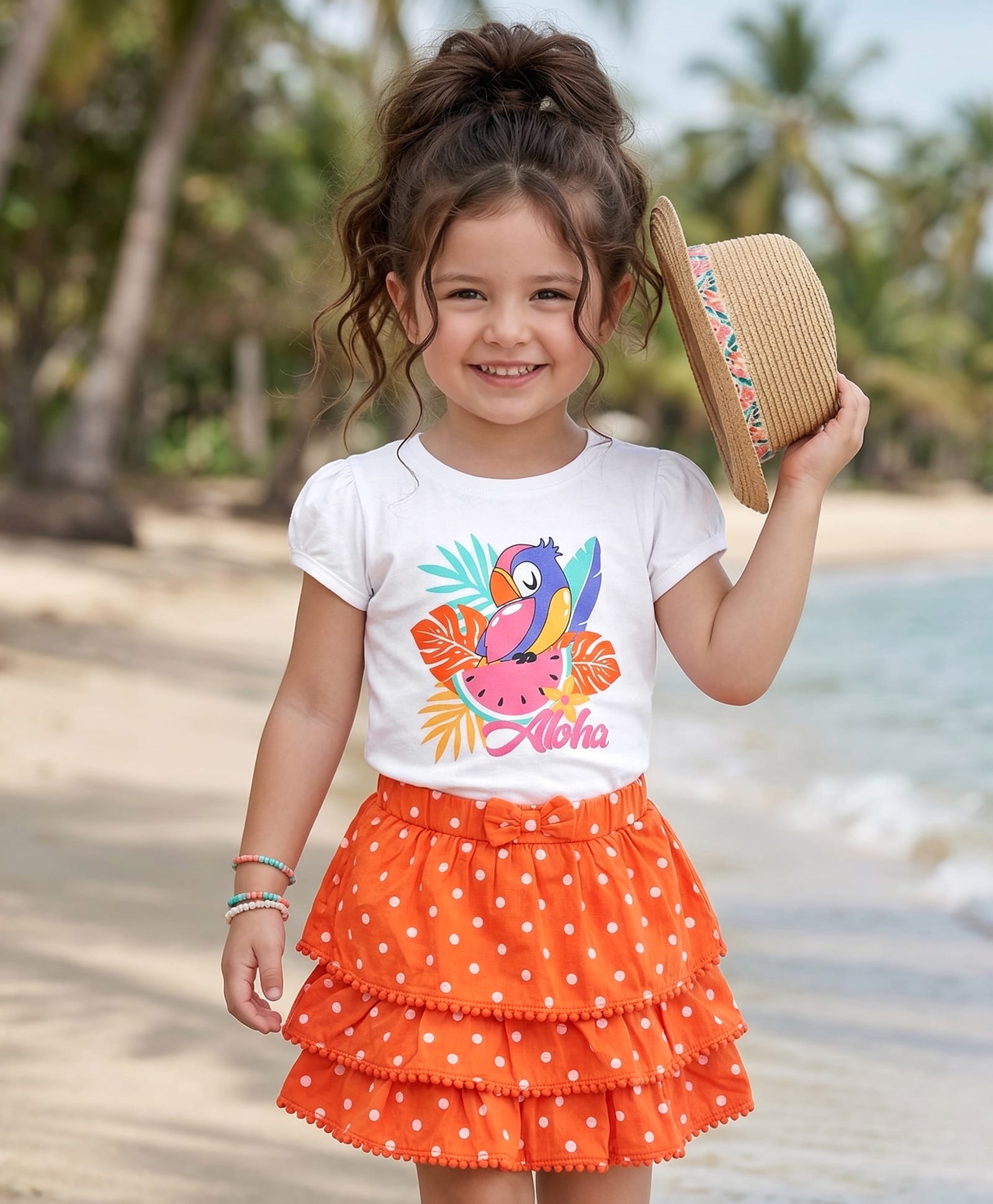 Babyhug Single Jersey Knit Half Sleeves Top & Skirt Set with Bird & Polka Dots Print Bow Applique - Orange & White-image-37