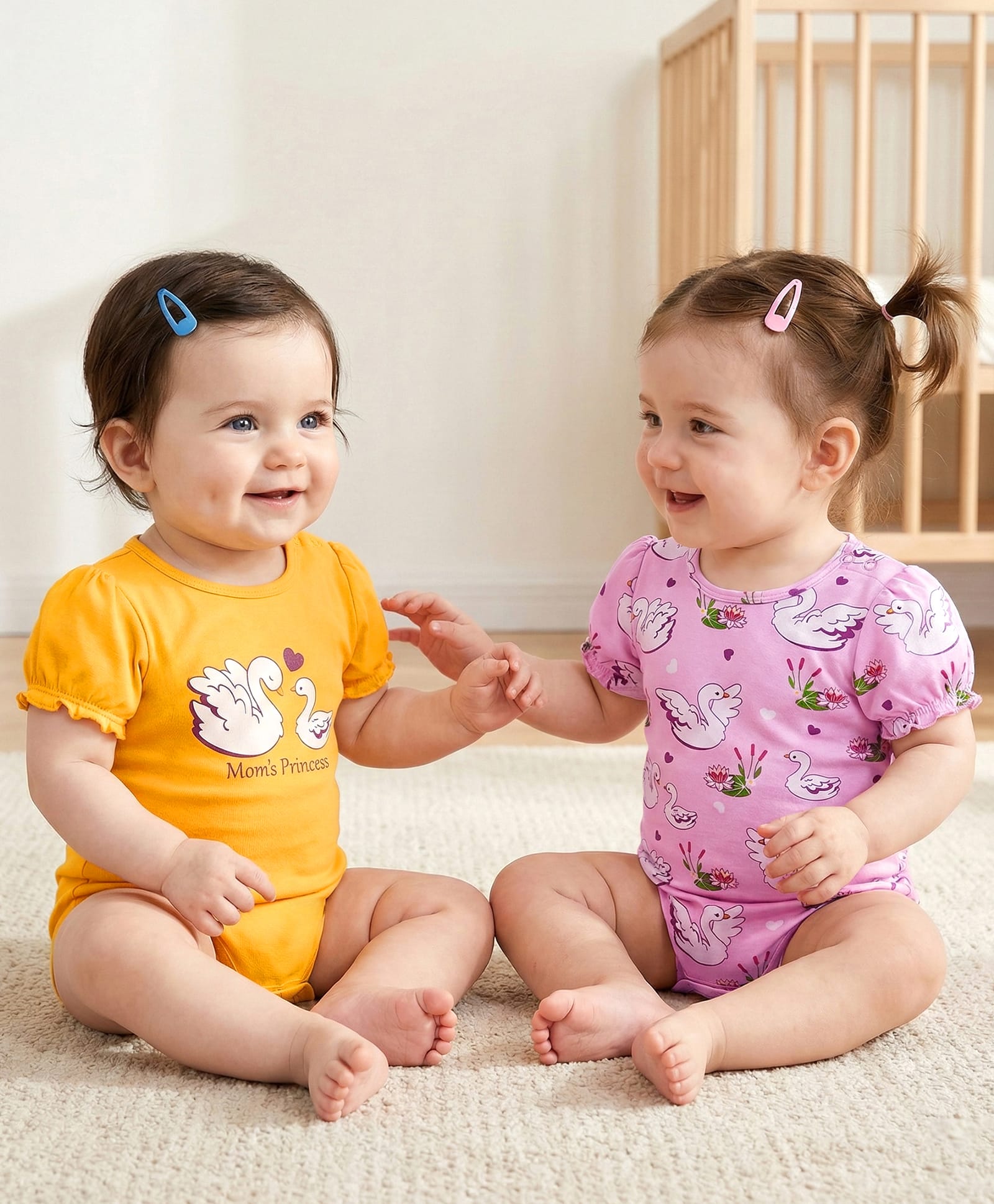 Babyoye 100% Cotton Knit Eco Jiva Finish Half Puffed Sleeves Onesies with Duck & Chick Print Pack of 2 - Pink & Mustard-picture-36