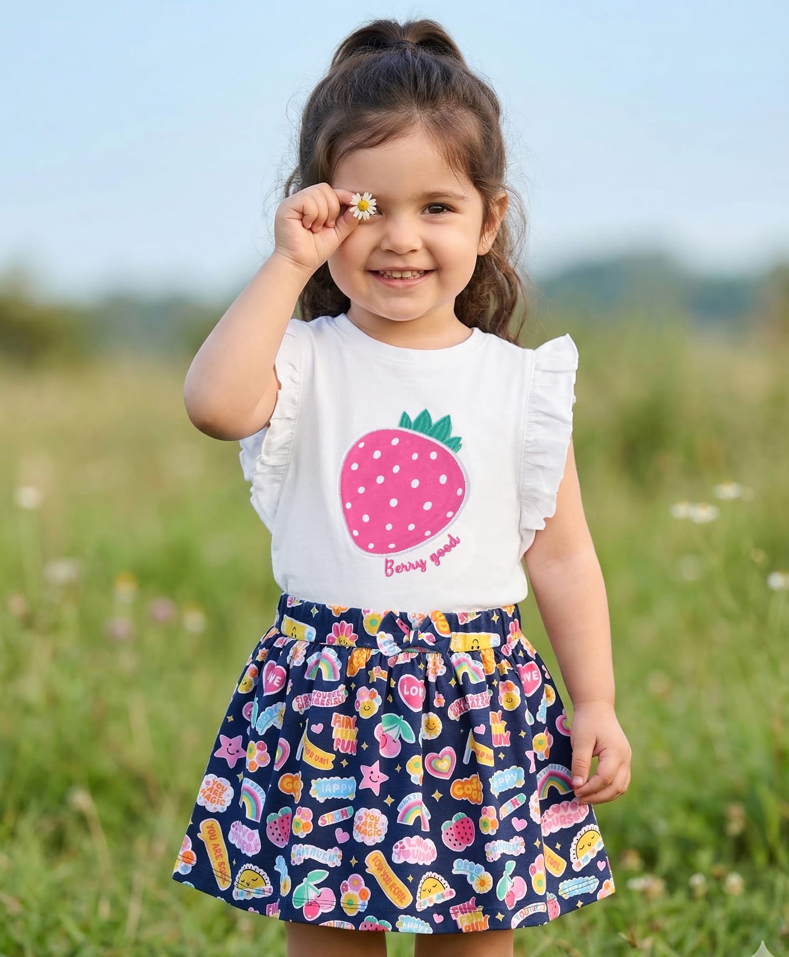 Babyhug Single Jersey Knit Frill Sleeves Top & Skirt Set with Strawberry Print & Embroidery Bow Applique - Navy Blue & White-image-11