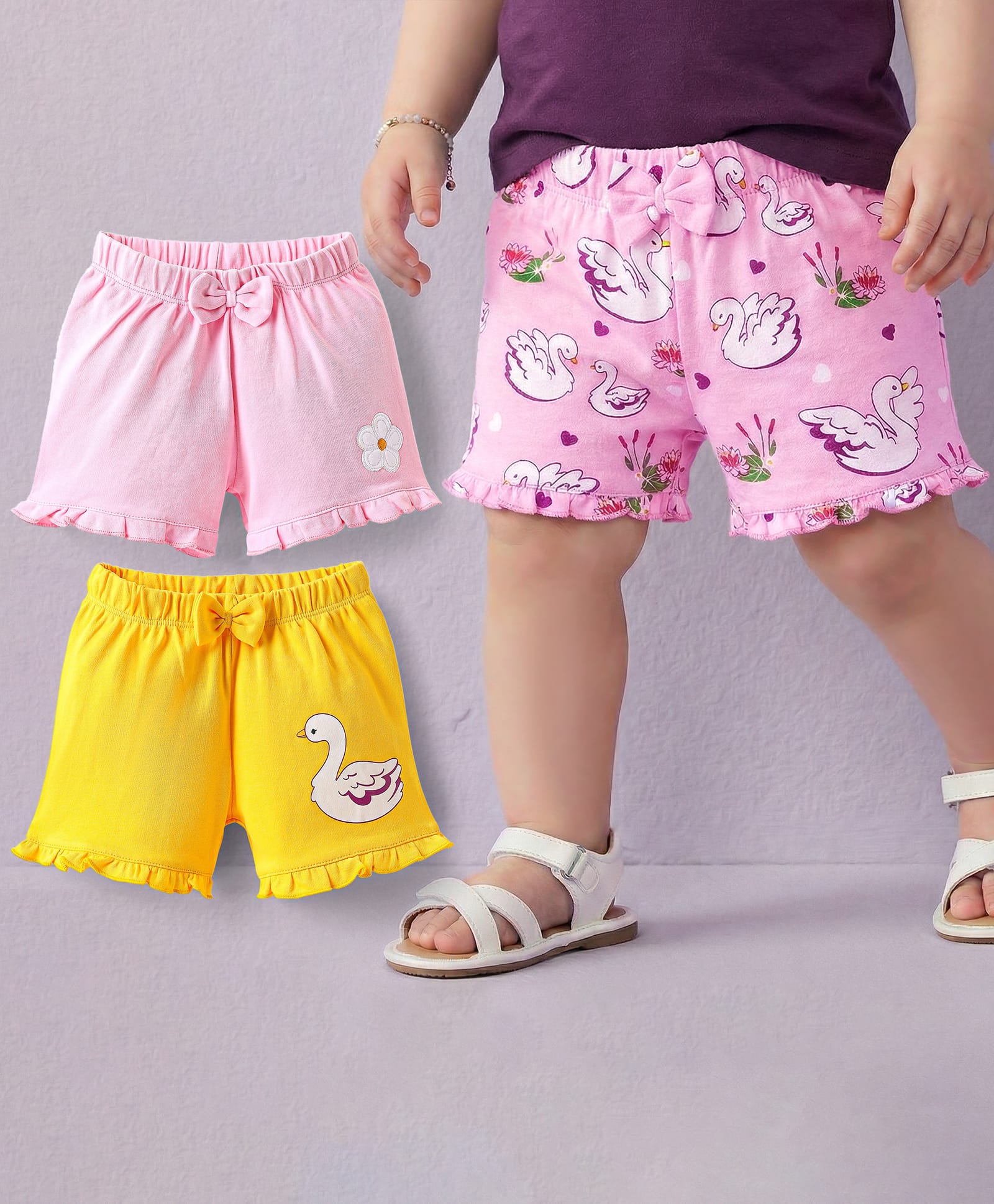 Babyoye 100% Cotton Knit With Eco Jiva Finish Swan & Floral Printed Shorts With Bow Applique Pack of 3 - Pink & Yellow-picture-18