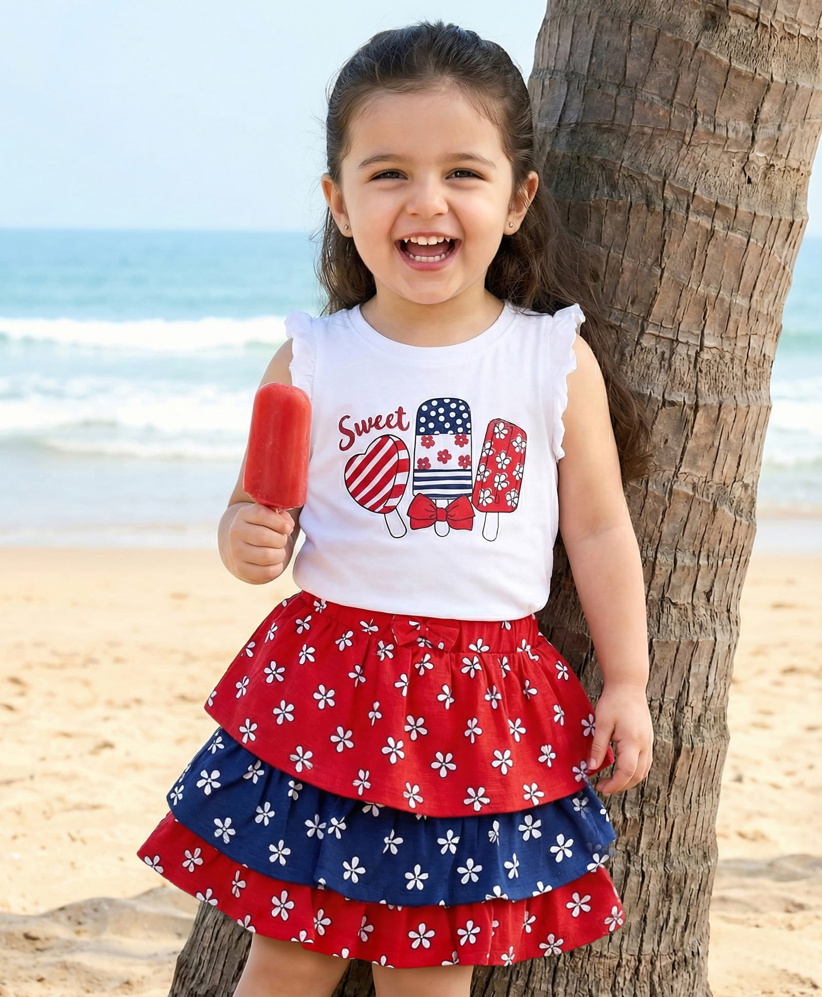 Babyhug Single Jersey Knit Sleeveless Top & Skirt With Floral Print - White Blue & Red-image-34