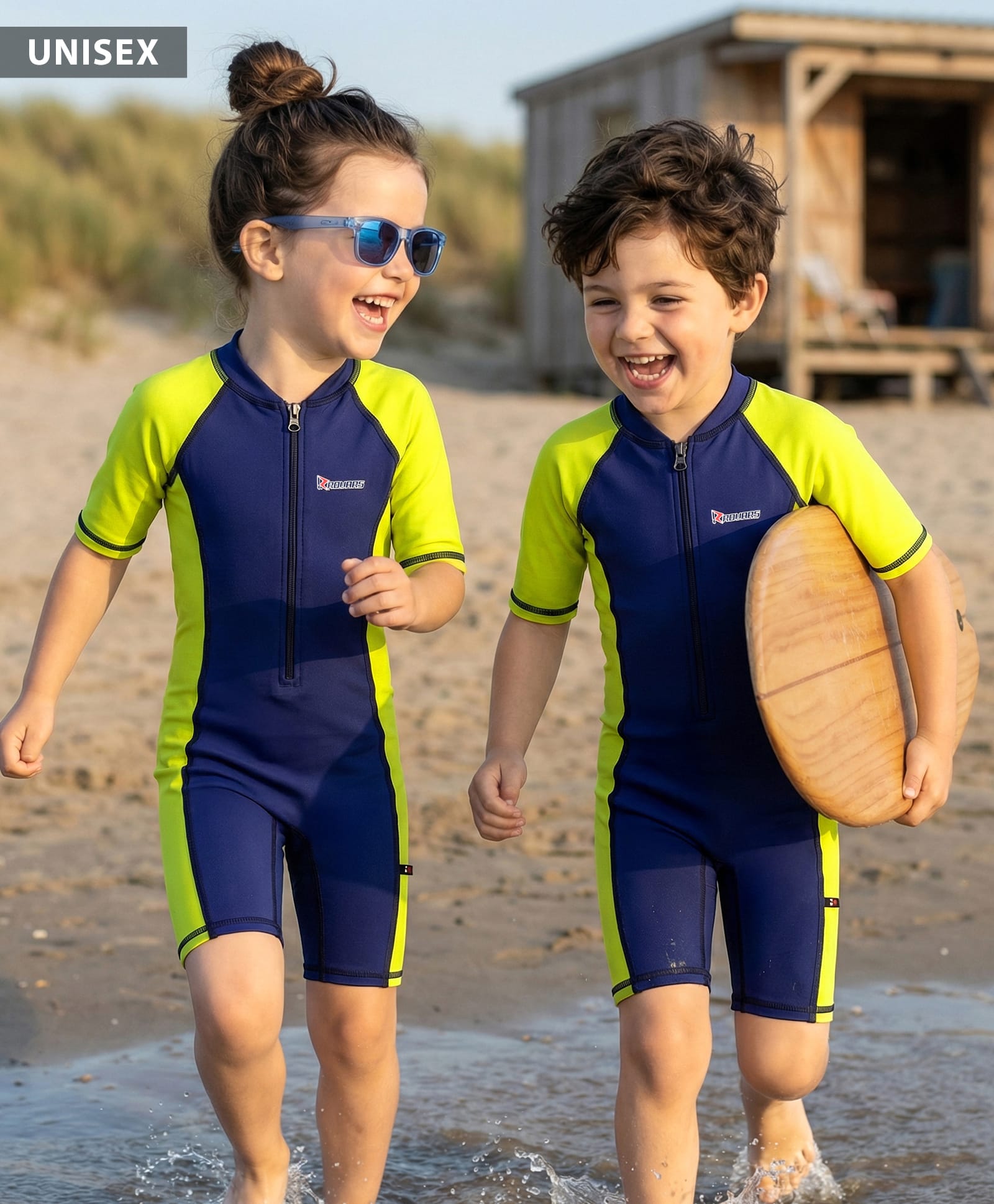 Rovars Lycra Half Raglan Sleeves Solid Color Legged Swimsuit - Navy Blue & Lemon Yellow-picture-33
