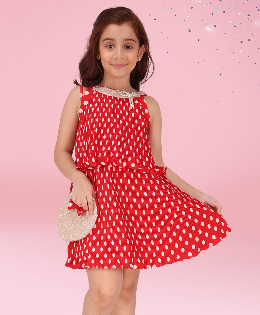 Cutecumber Georgette Sleeveless Polka Dots Printed Ribbed Dress With Bag Set - Red-image-21