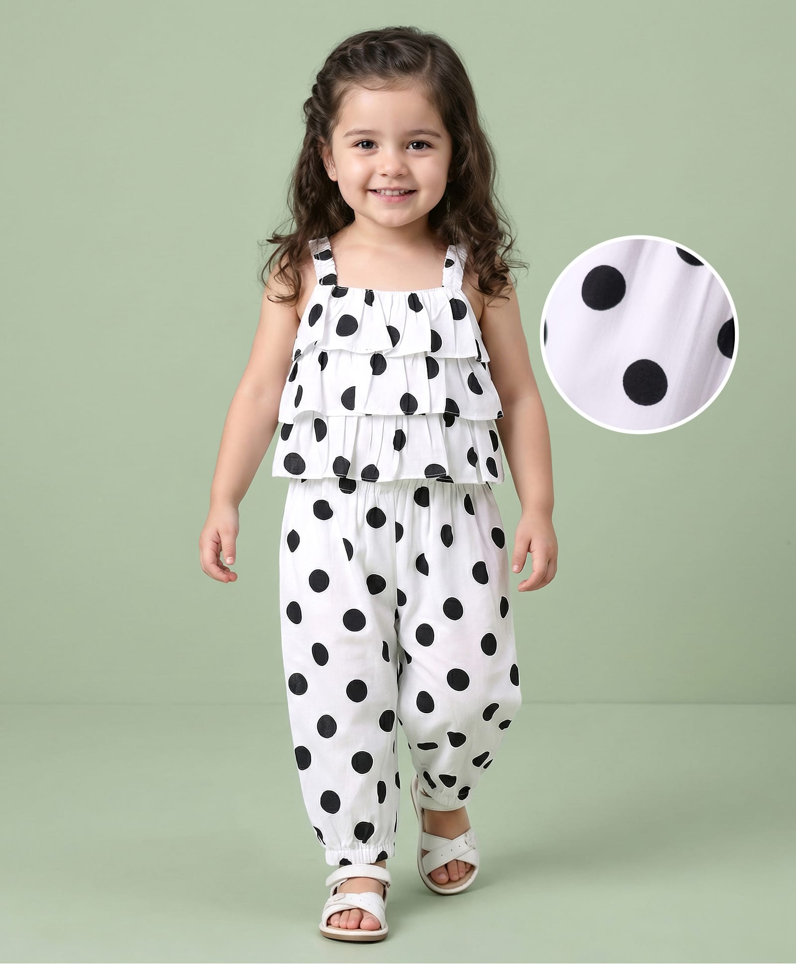 Mark & Mia Rayon Woven Sleeveless Jumpsuit with Polka Dots & Frill Detailing - White