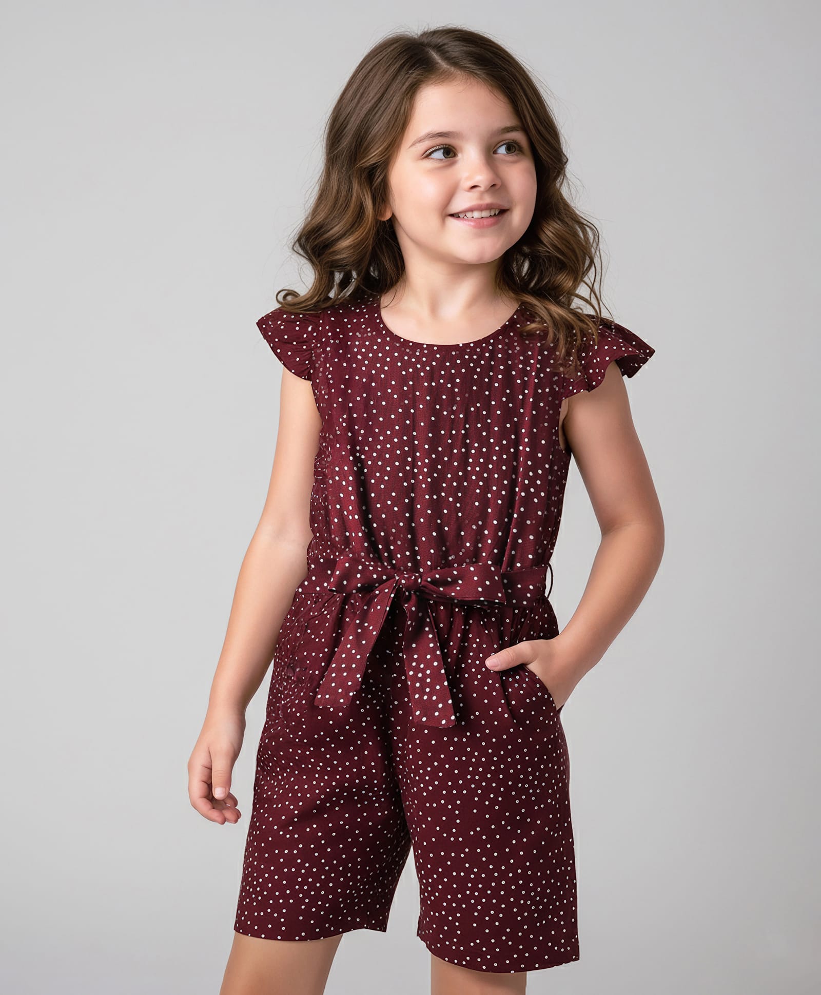 Mark & Mia Rayon Woven Frill Sleeves Jumpsuit With Polka Dot Print & Belt Detailing - Maroon-picture-25