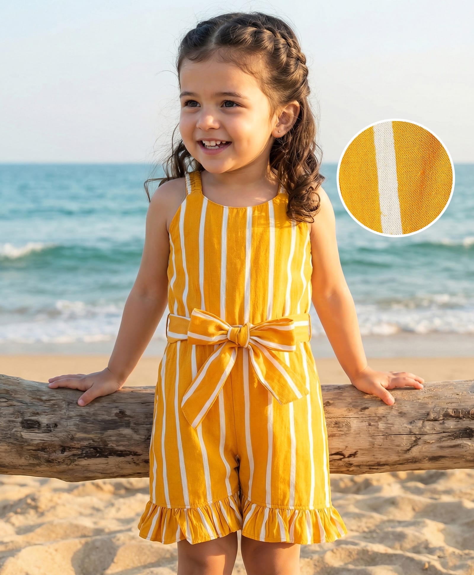 Mark & Mia Cotton Woven Sleeveless Striped Jumpsuit with Belt & Frill Detailing - Mustard
