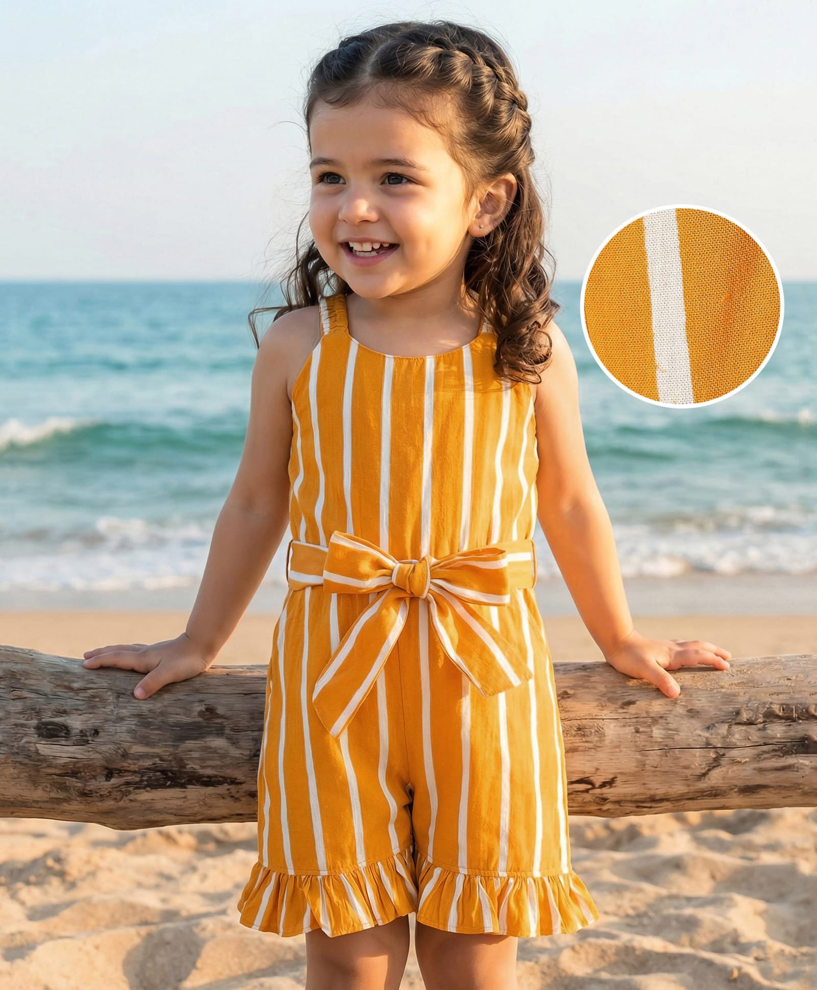 Mark & Mia Cotton Woven Sleeveless Striped Jumpsuit with Belt & Frill Detailing - Mustard-picture-23