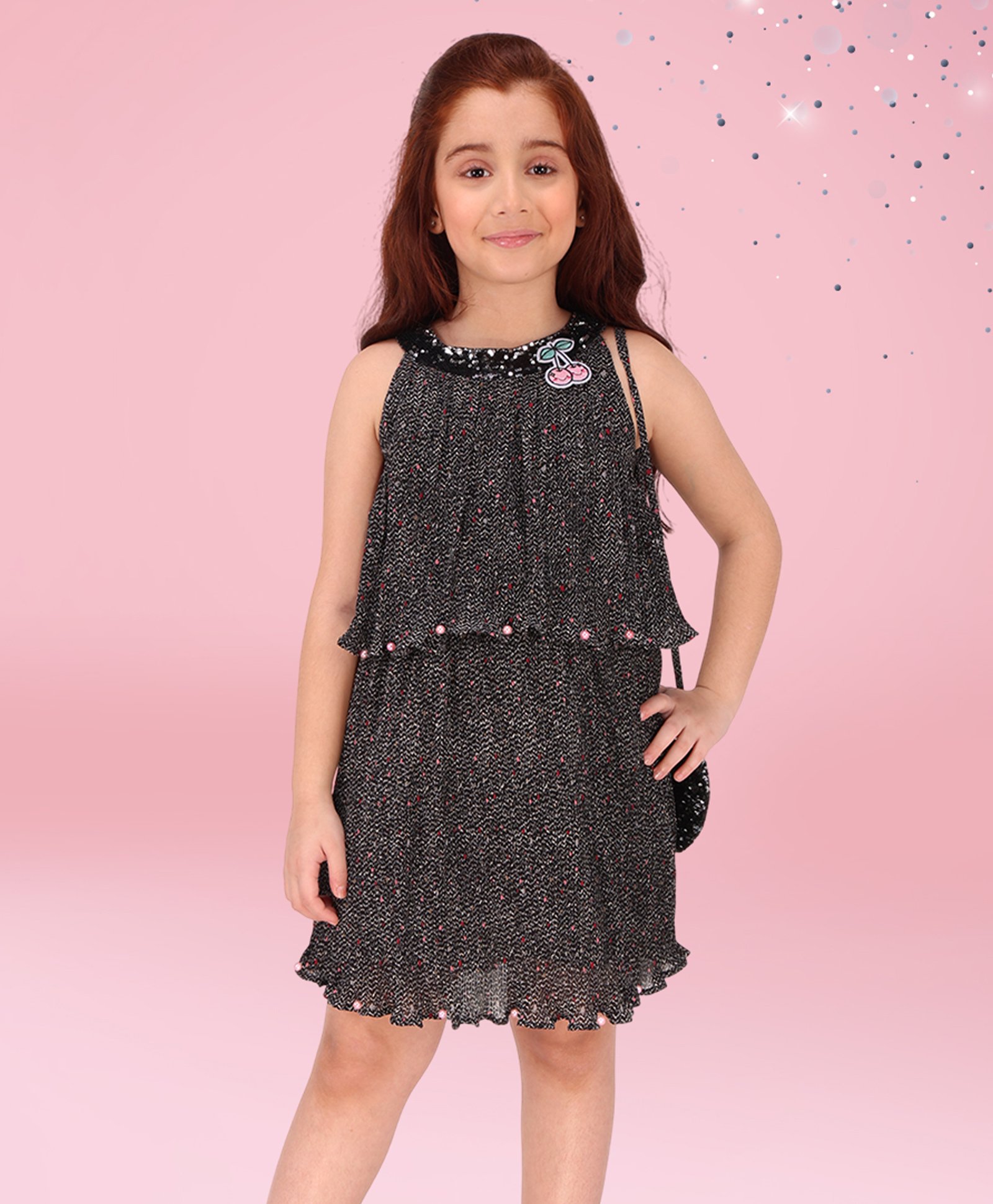 Cutecumber Georgette Sleeveless Abstract Printed & Sequins Embellished Dress With Bag Set - Black-picture-19