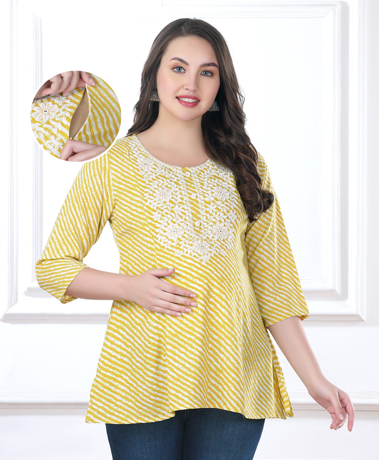 Bella Mama Woven Embroidered Yoke With Three Fourth Sleeves Maternity Top - Yellow