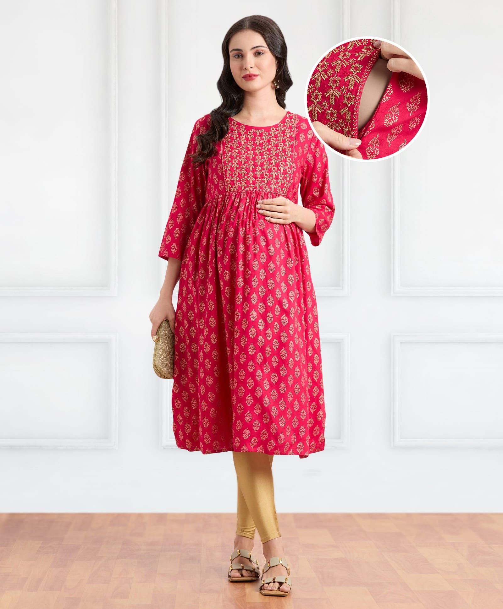 Bella Mama Woven Three Fourth Sleeves Floral Printed Maternity Kurta with Pocket - Dark Pink-image-40