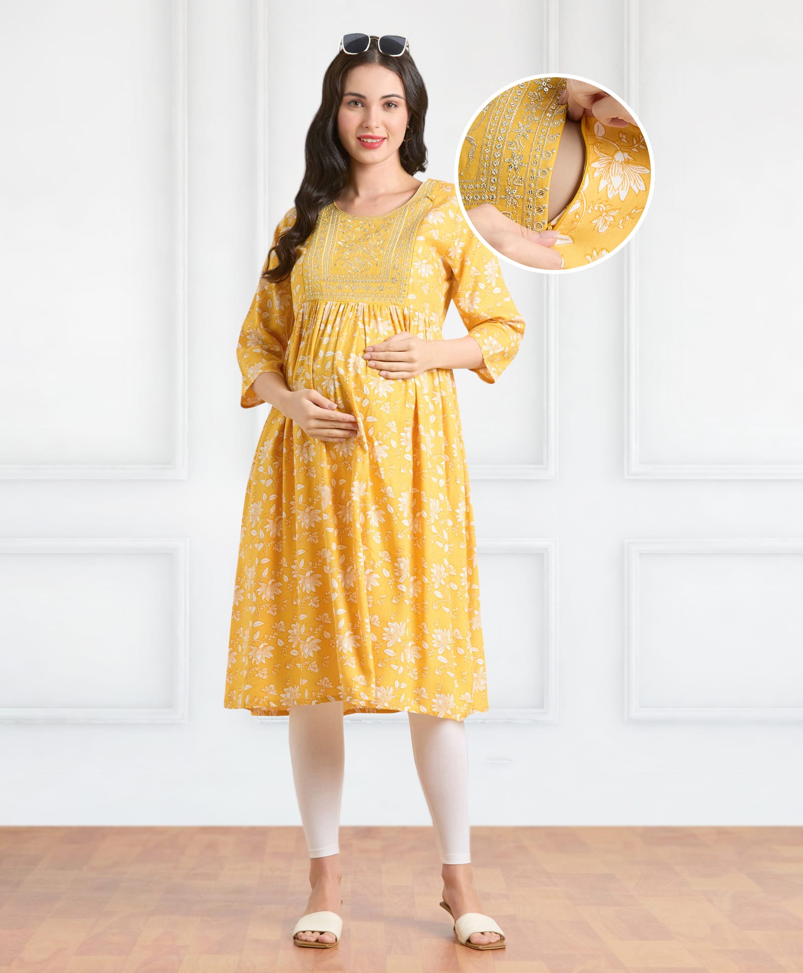 Bella Mama Woven Three Fourth Sleeves Maternity Kurta with Pocket Embroidery Yoke & Floral Print - Yellow-image-27