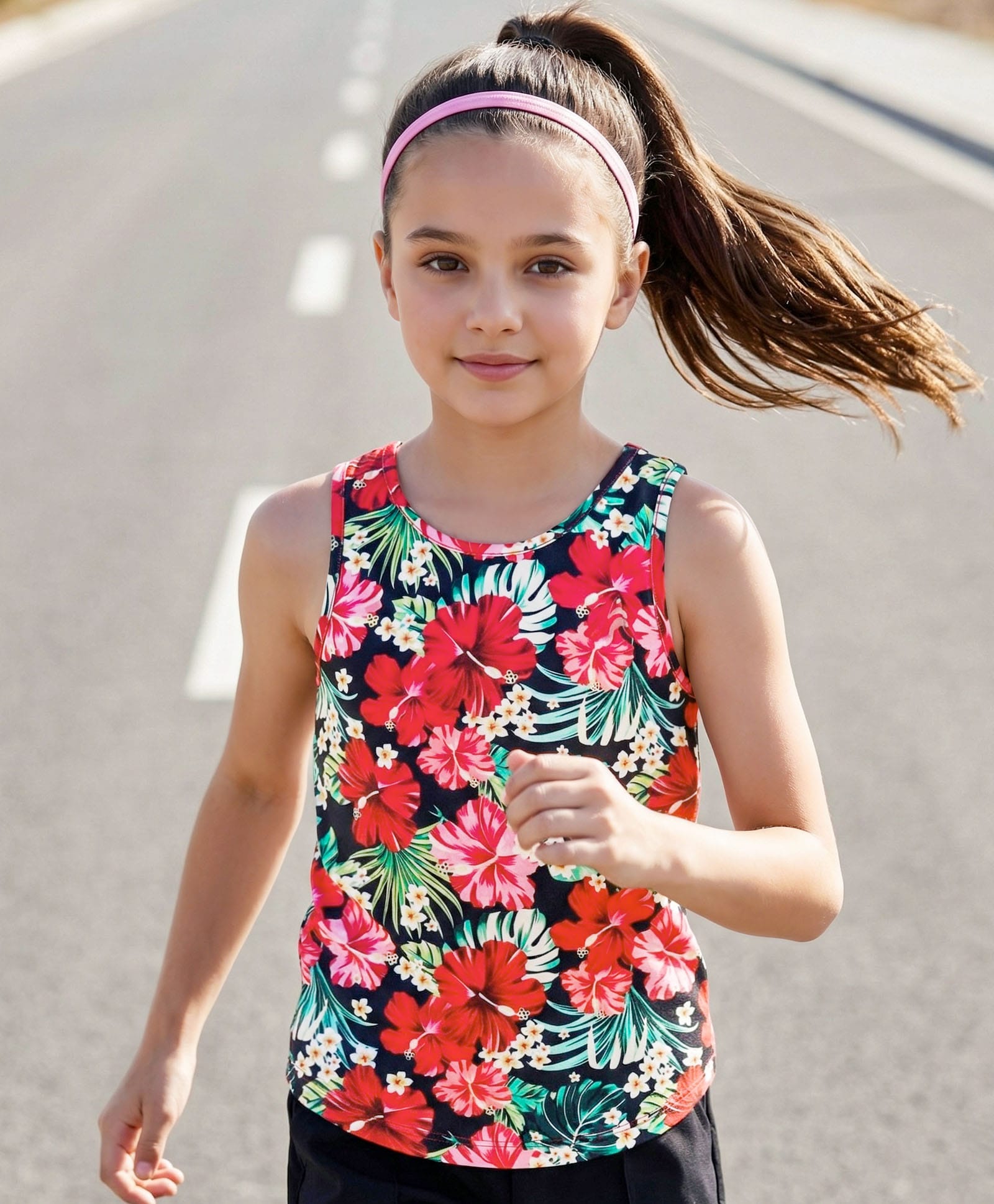 Pine Active Knit Sleeveless Tank T-Shirt with Floral Print - Black-picture-17