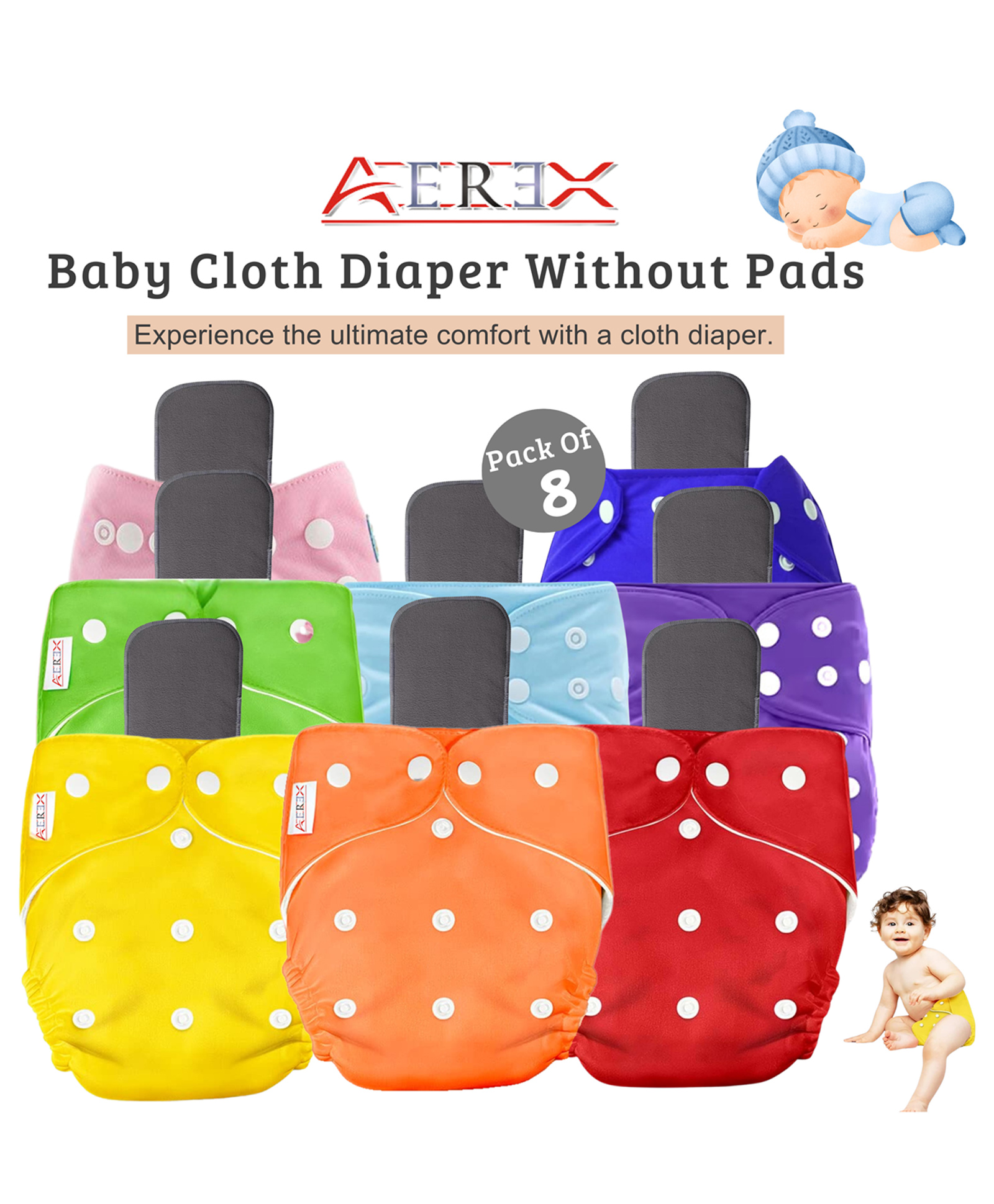 AEREX Baby Cloth Diapers Reusable For 6 Months to 3 Years With Black Insert Pads Leak Proof Washable Diapers For New Born Babies Adjustable Pocket Cloth Diaper Nappies (Pack of 8)-image-23