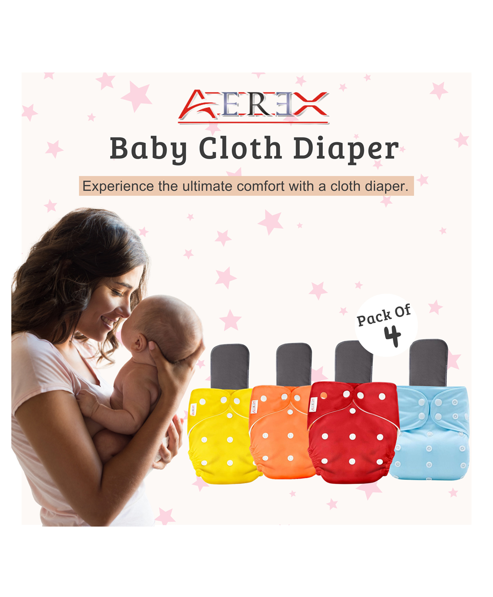 AEREX Reusable Baby Cloth Diapers For 6 Months to 3 Years With Insert Pads Leak Proof Washable Diapers For New Born Babies Adjustable Pocket Cloth Diaper Nappies (Multicolor, Pack of 4)-image-36