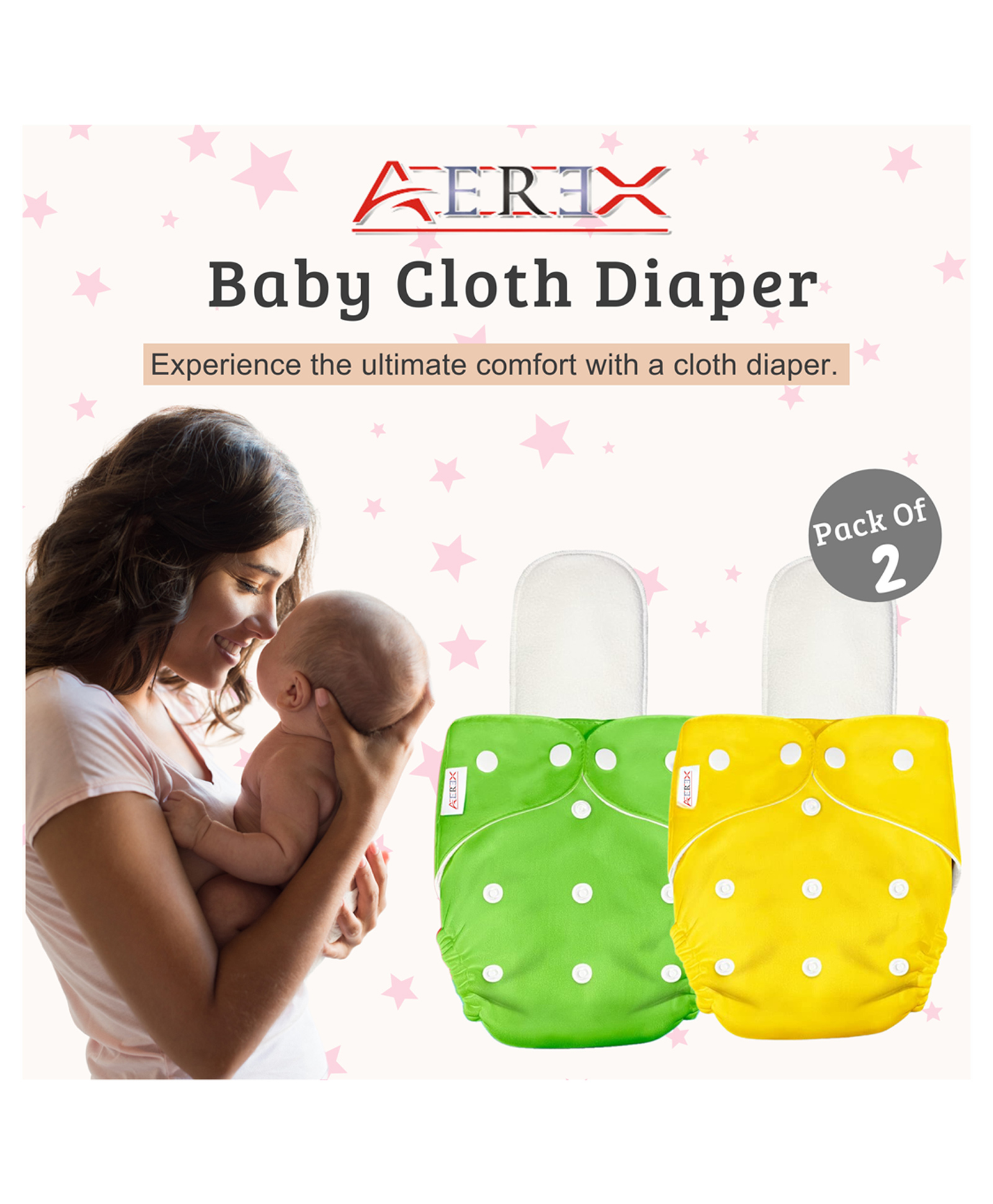 AEREX Reusable Baby Cloth Diapers With White Insert Pads Leak Proof Washable Diapers For New Born Babies Adjustable Snap Buttons Cloth Diaper Nappies (Multicolor, Pack of 2)-image-19