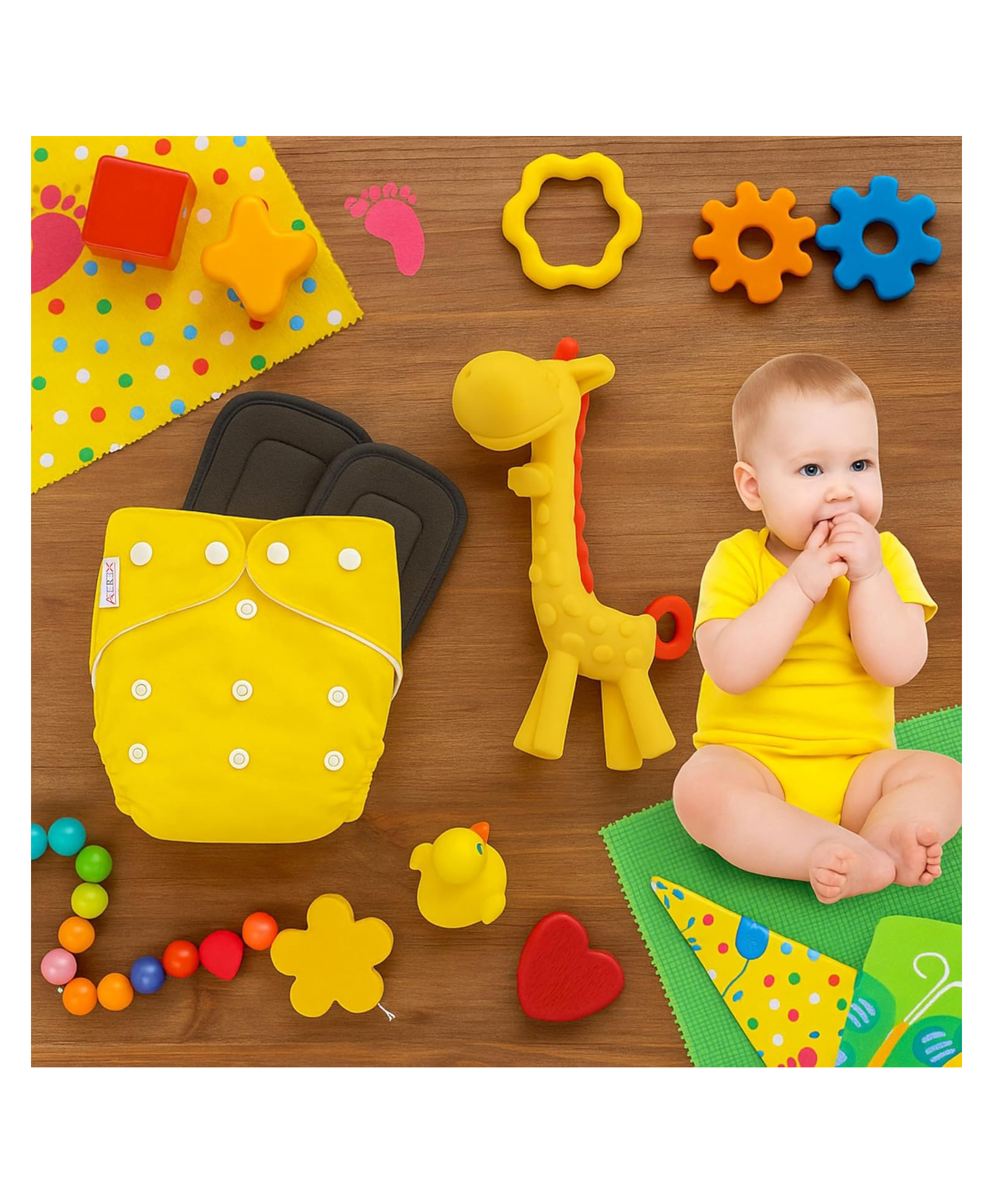 AEREX Reusable Baby Cloth Diapers For 6 Months to 3 Years With 2 Insert Pads & Giraffe Teether Soft Leak Proof Washable Diapers For New Born Babies-image-48