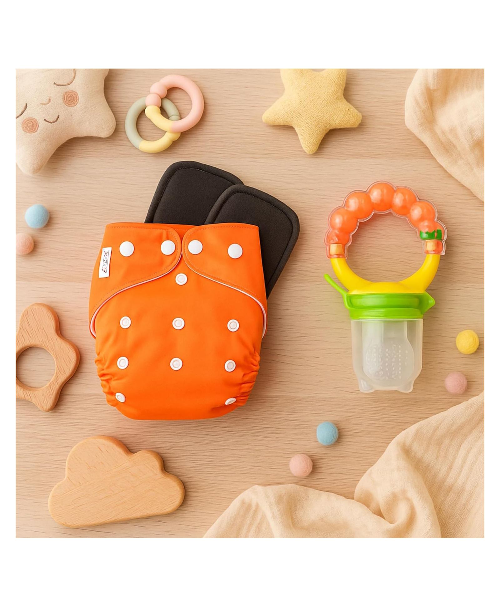 AEREX Reusable Baby Cloth Diapers For 6 Months to 3 Years With 2 Insert Pads & Rattler Fruit Nibbler Soft Pacifier Leak Proof Washable Diapers For New Born Babies Fruit Teether for Infants-image-34