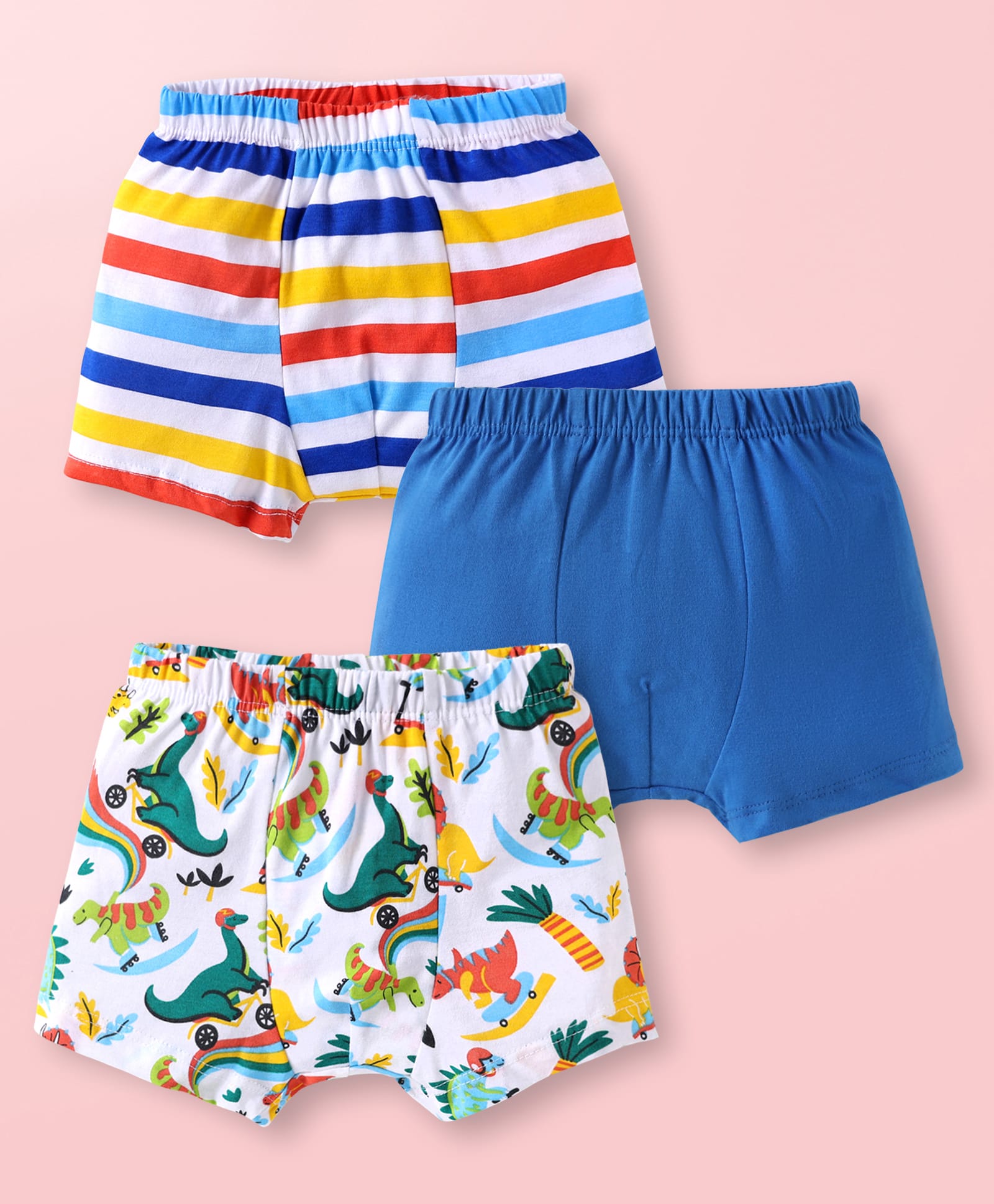 Babyhug 100% Cotton Knit Trunks with Stripes & Dino Print Pack of 3 - Blue White & Red-image-24