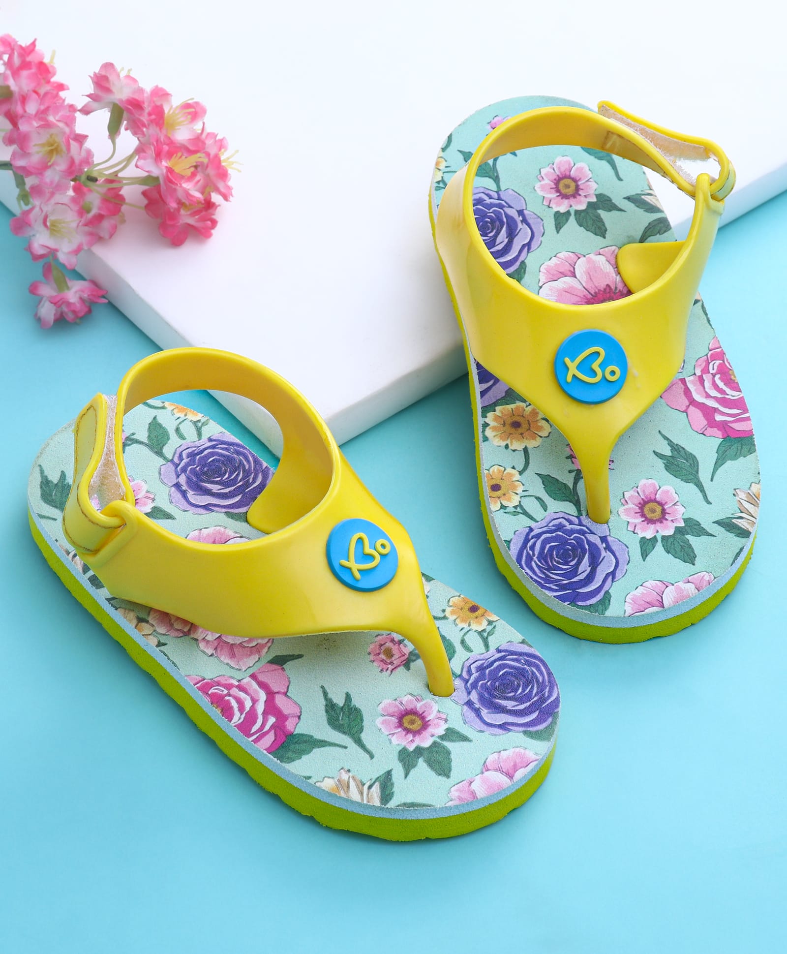 Babyoye Velcro Closure Flip Flops with Floral Print - Green & Yellow-image-35