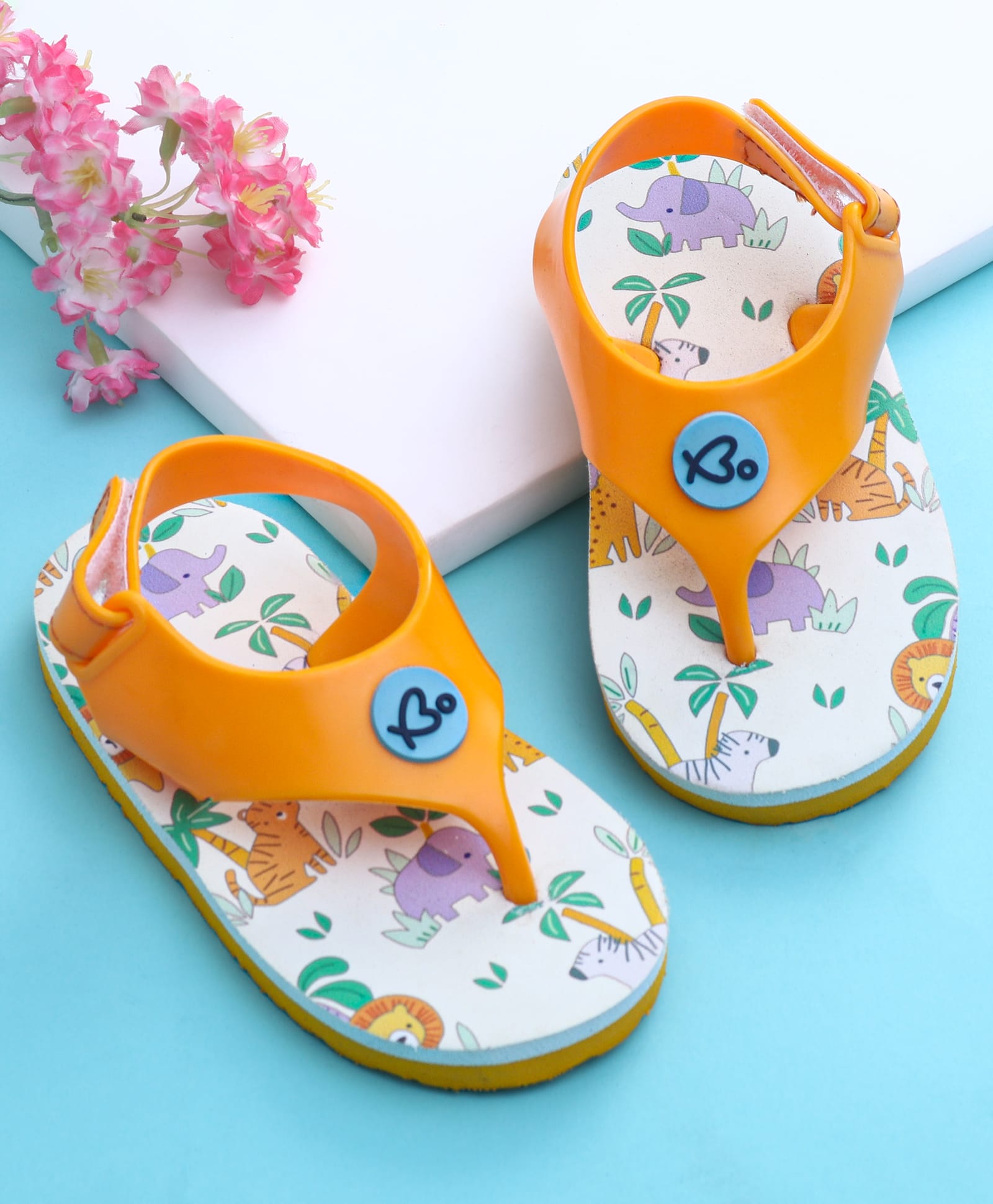 Babyoye Velcro Closure Flip Flops with Animals Print - Orange-image-43
