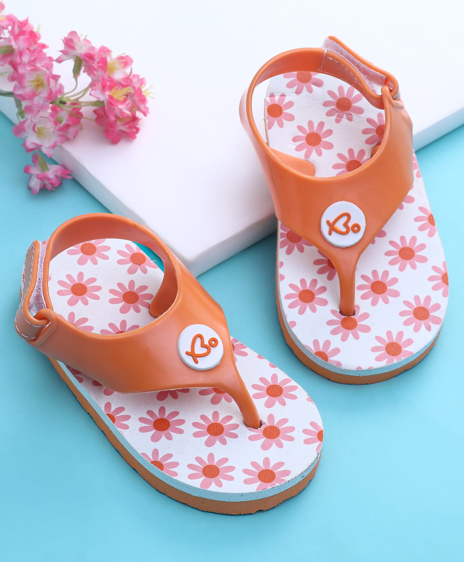 Babyoye Velcro Closure Flip Flops with Floral Print - Orange-image-44